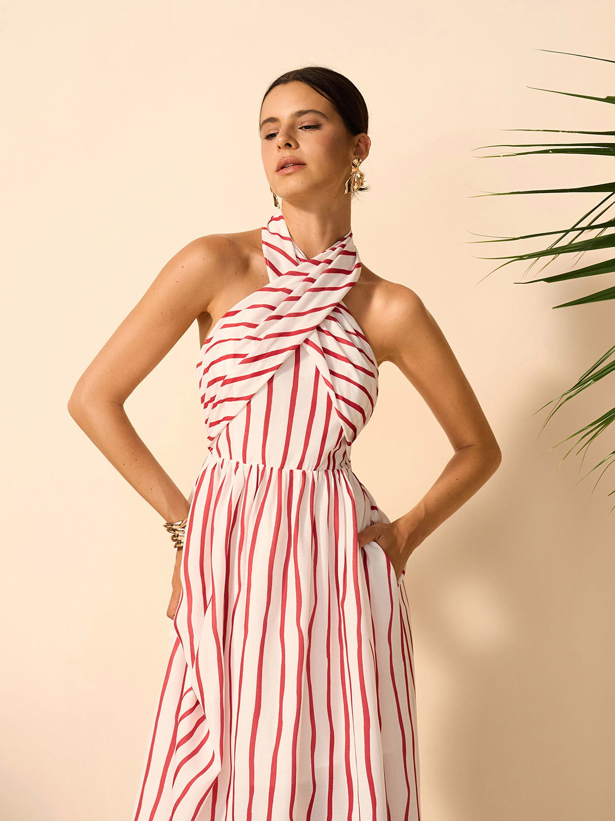 Striped Twist Halter Dress-Massicos