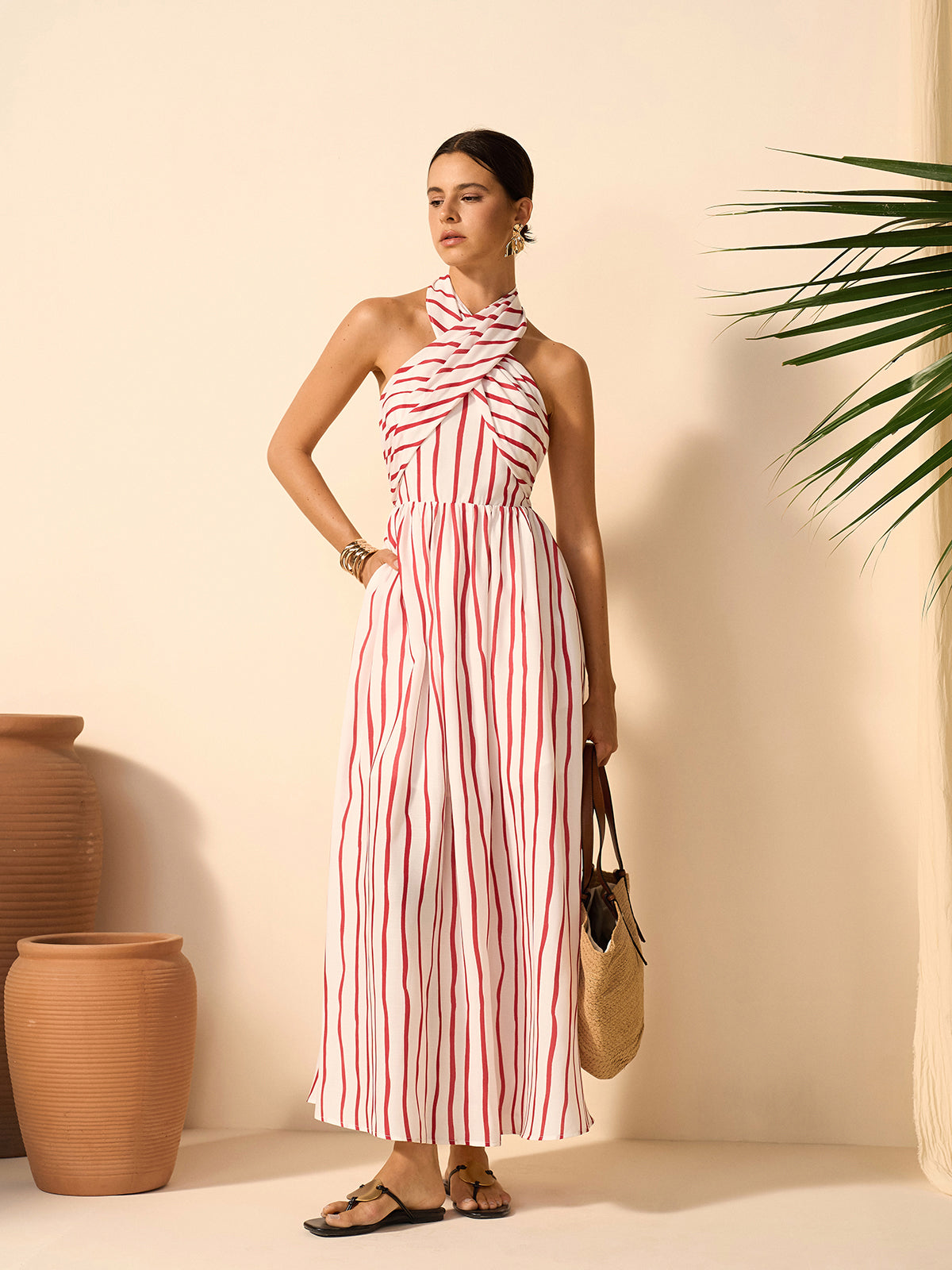 Striped Twist Halter Dress-Massicos