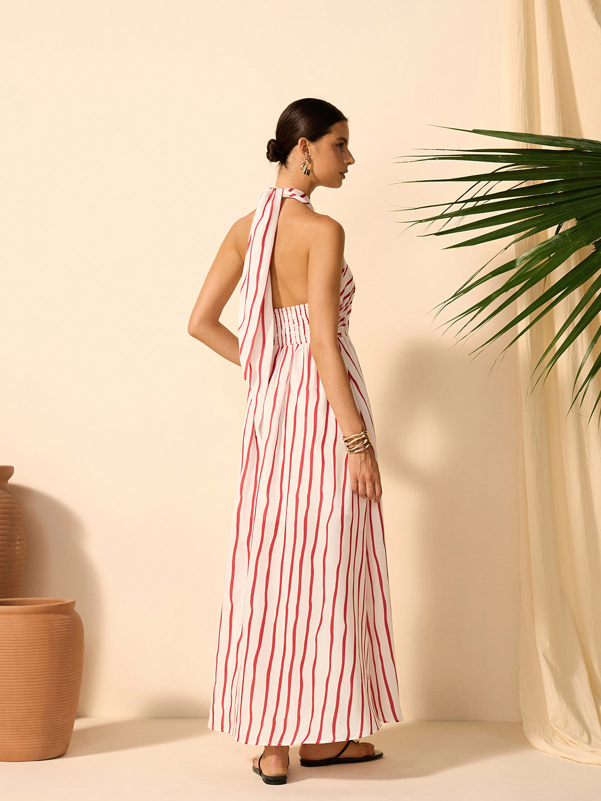 Striped Twist Halter Dress-Massicos