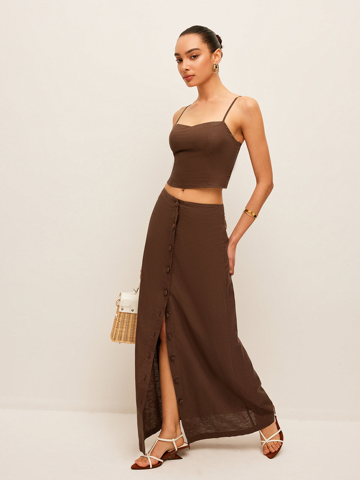 Cotton & Linen Button-Front Skirt Set-Massicos