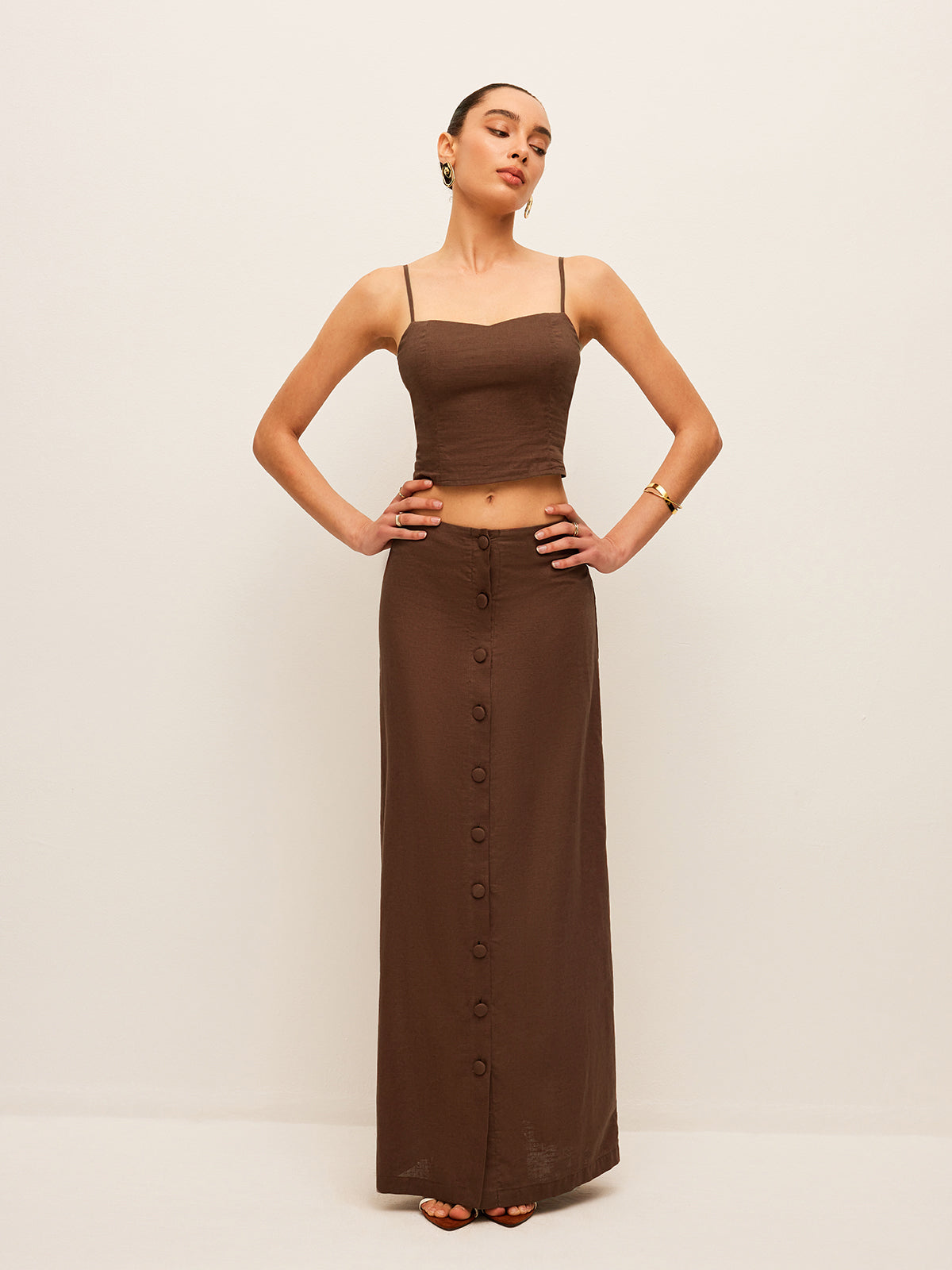 Cotton & Linen Button-Front Skirt Set-Massicos