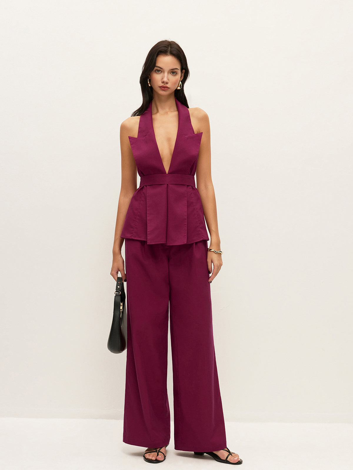 Halter Neck Belted Pocketed Pants Set-Massicos