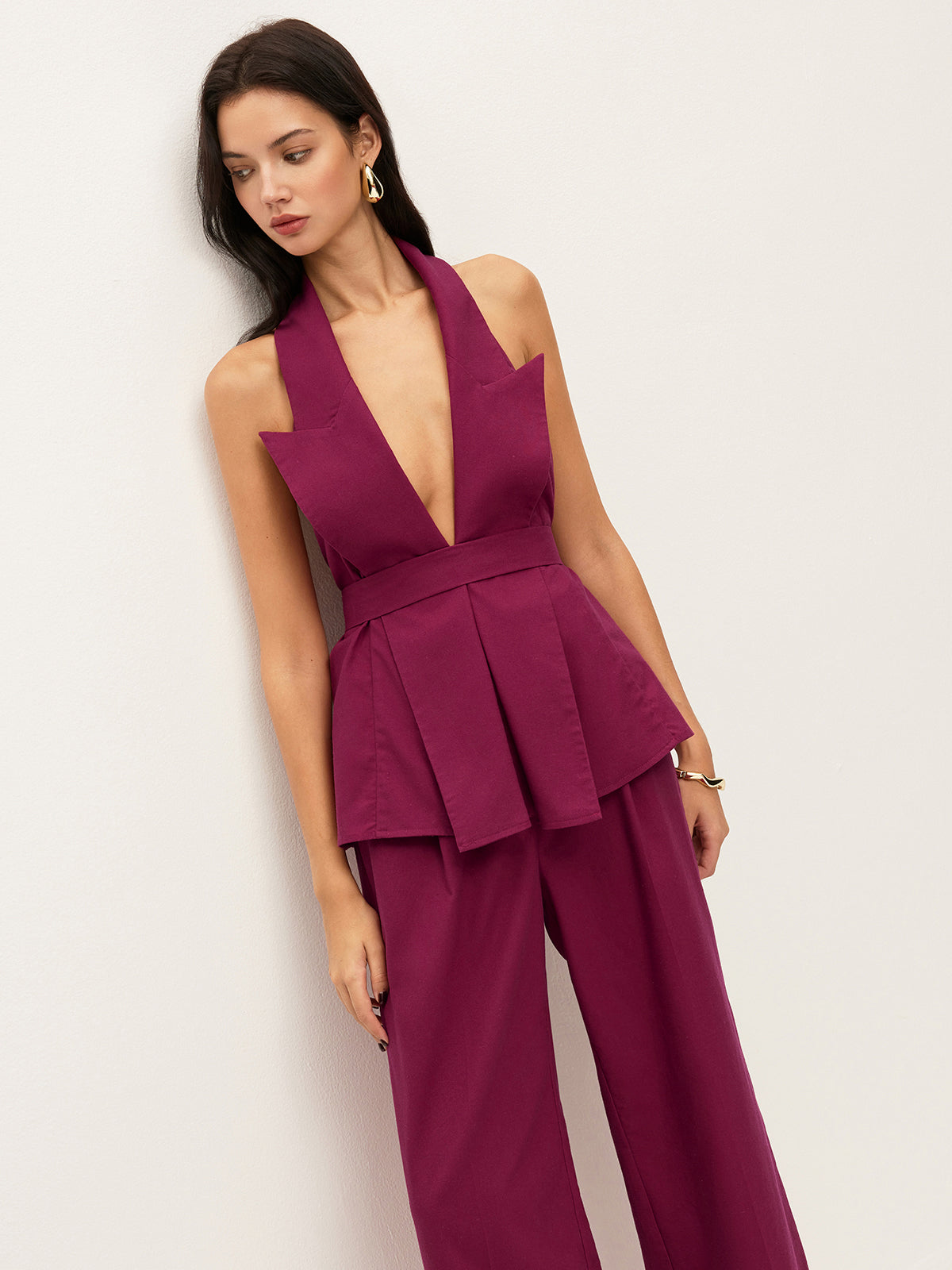 Halter Neck Belted Pocketed Pants Set-Massicos