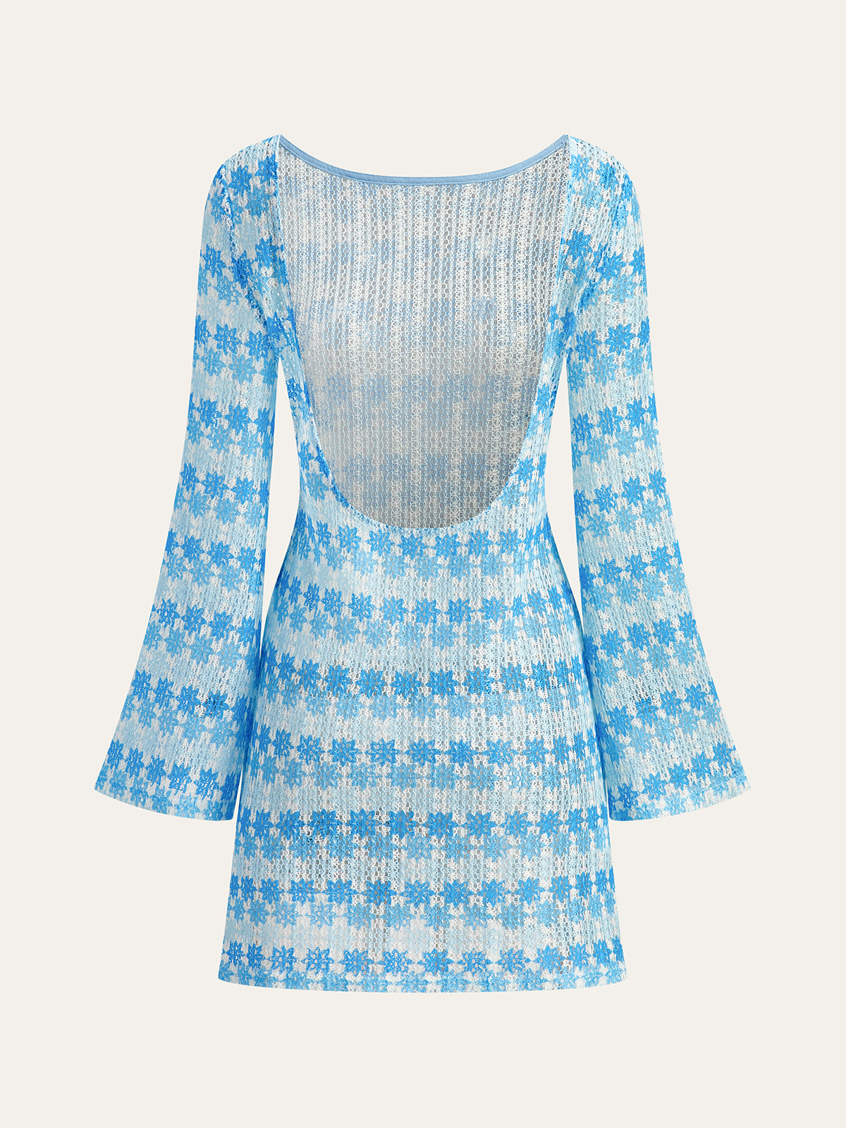 Semi-Sheer Backless Crochet Dress with Flared Sleeves-Massicos