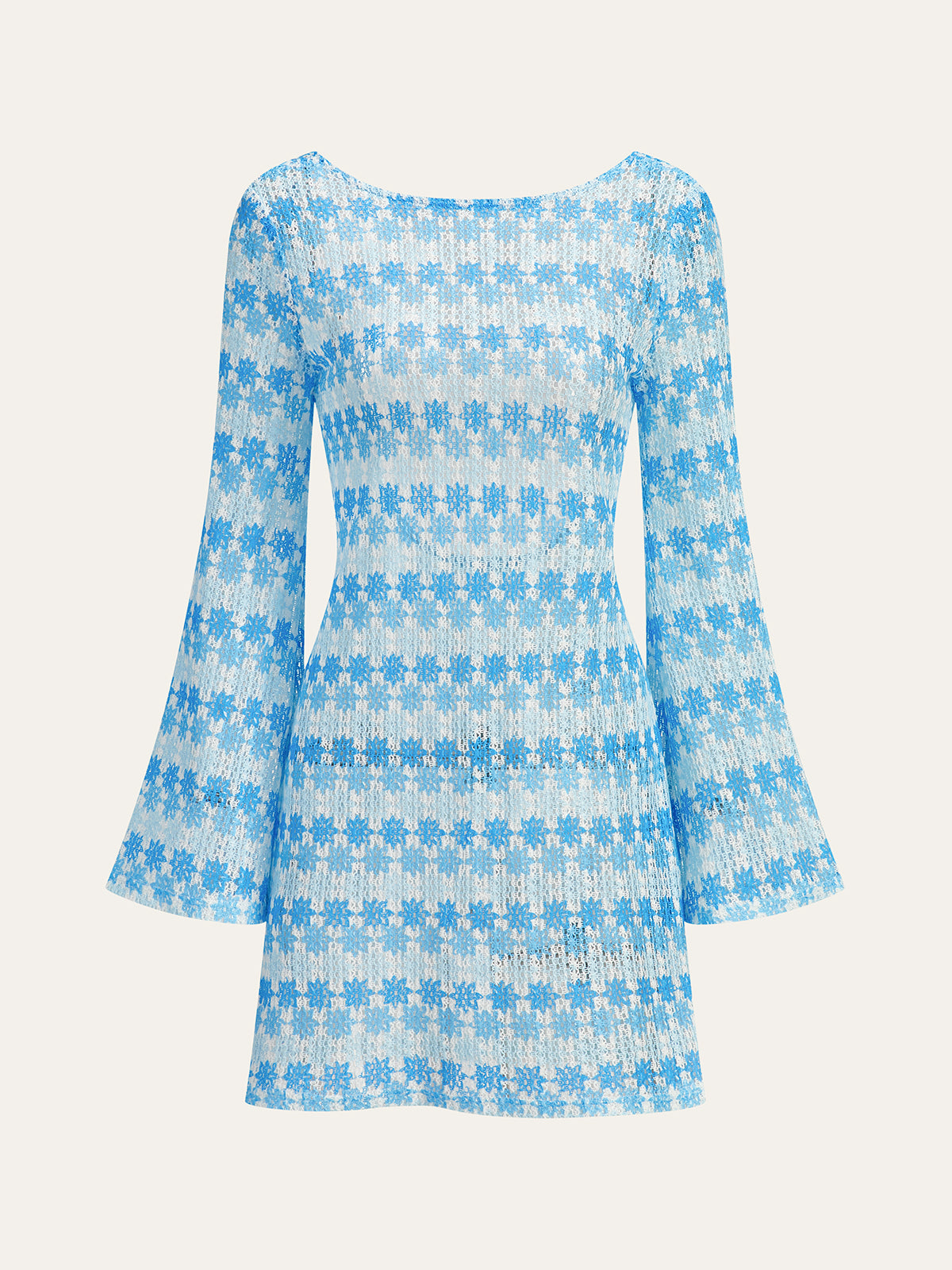 Semi-Sheer Backless Crochet Dress with Flared Sleeves-Massicos