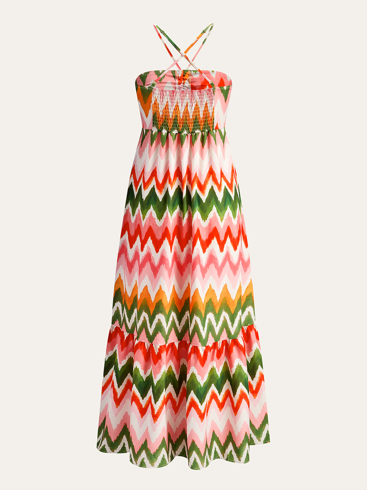 Zigzag Print Ruched Halter Dress-Massicos