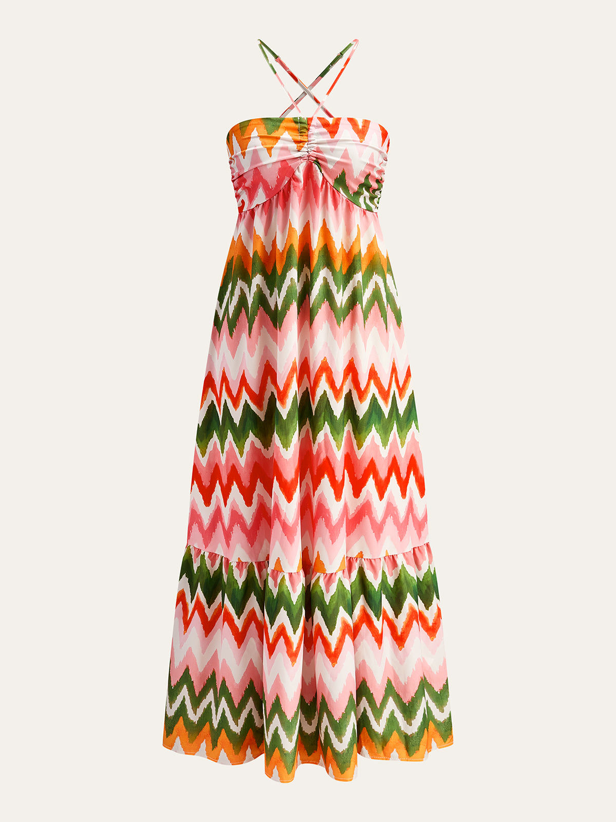 Zigzag Print Ruched Halter Dress-Massicos