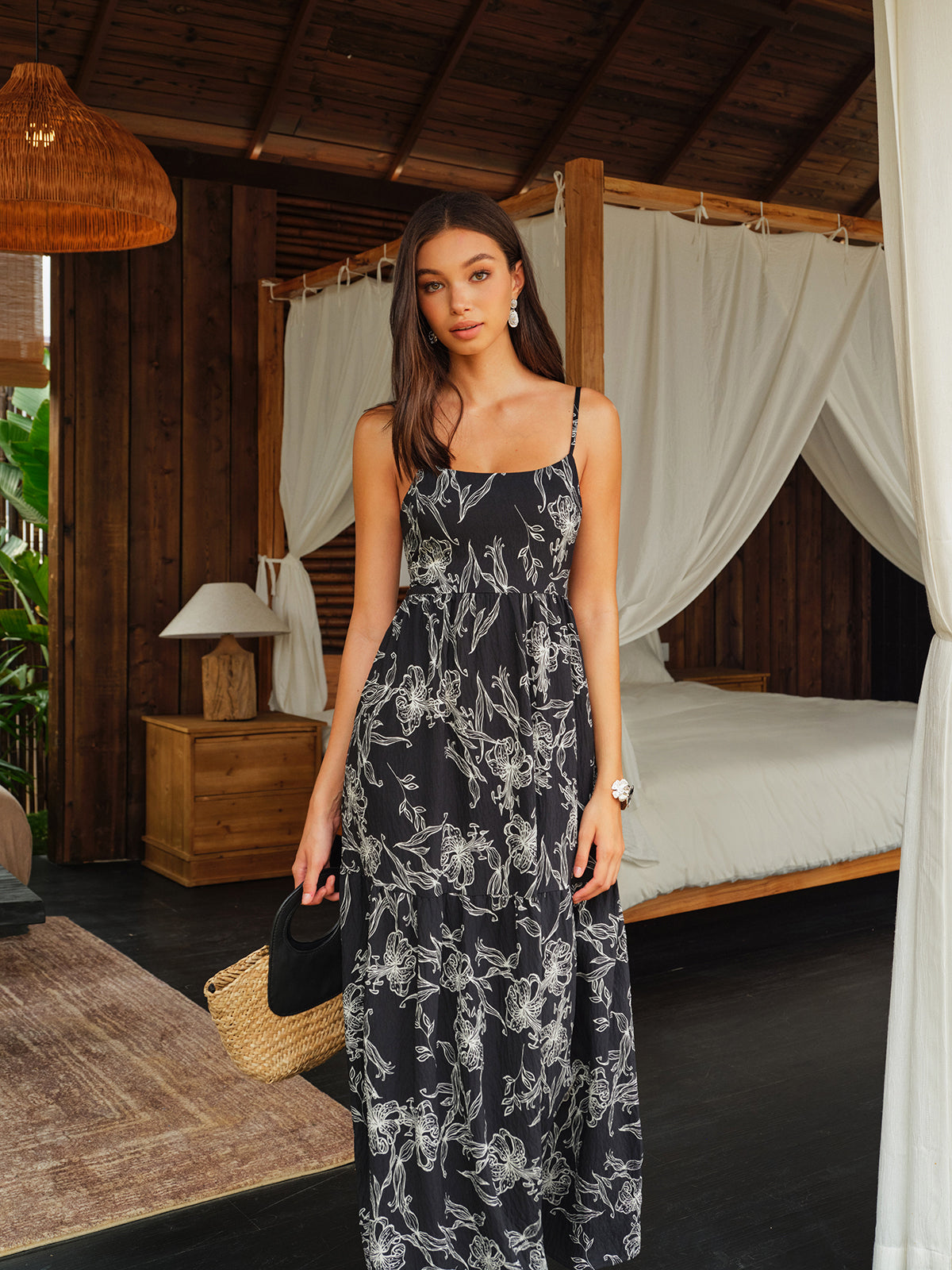 Backless Floral Print Cami Dress-Massicos