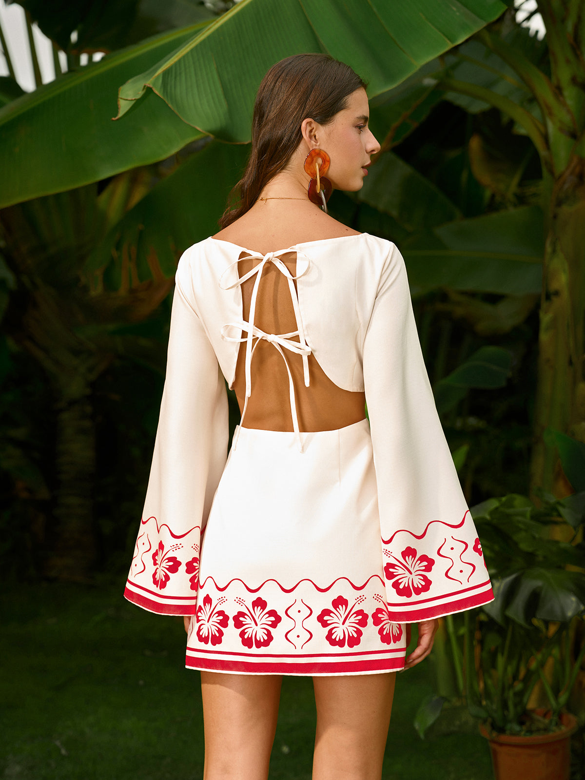 Floral Embroidered Backless Tie Dress-Massicos