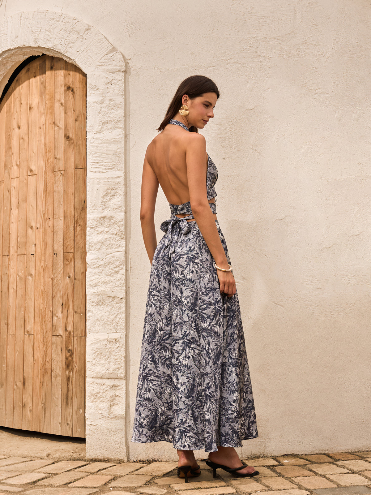 Printed Halter Backless Skirt Set With Tie-Back-Massicos