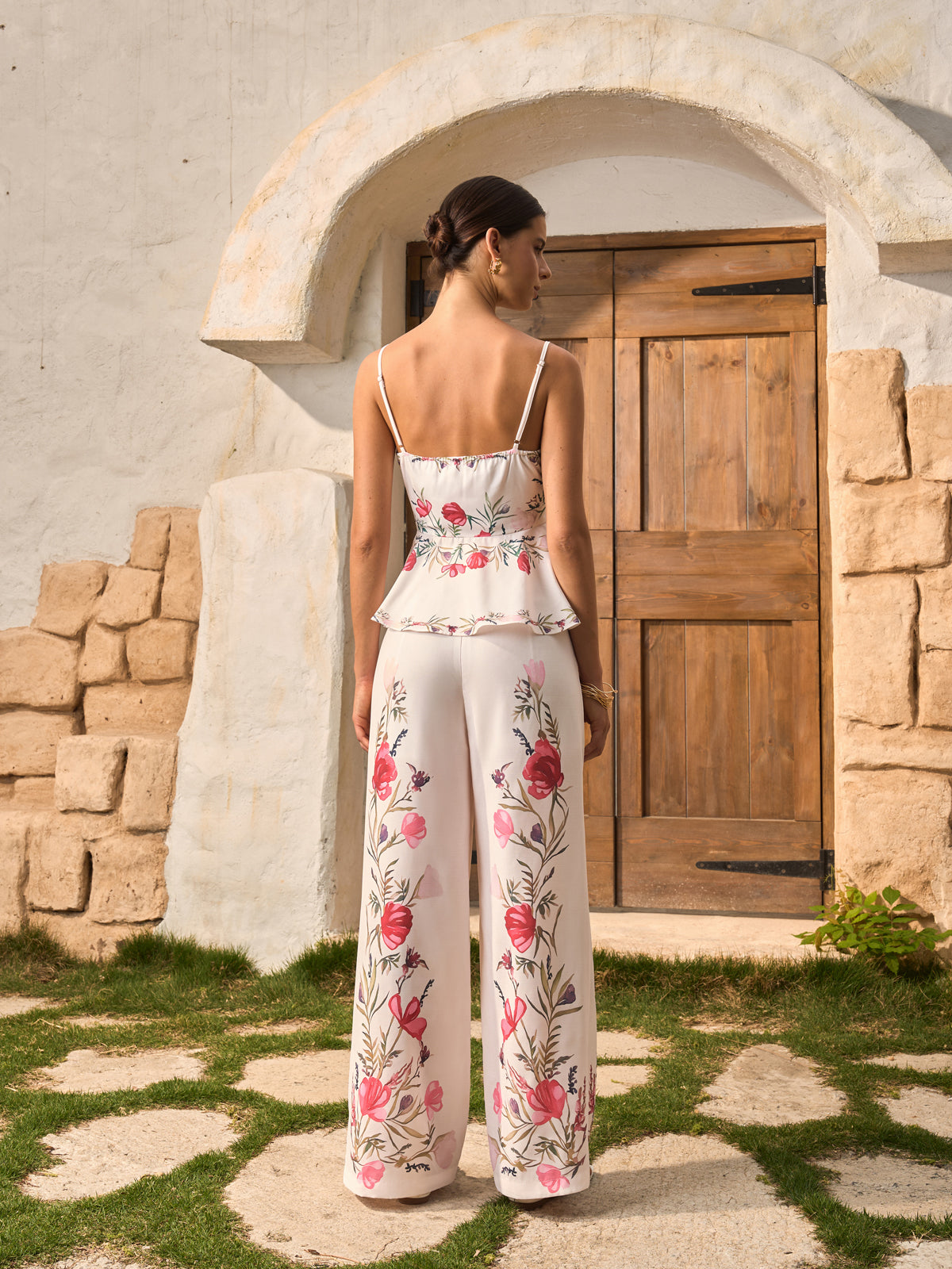 Floral Peplum Top With Pants Set-Massicos