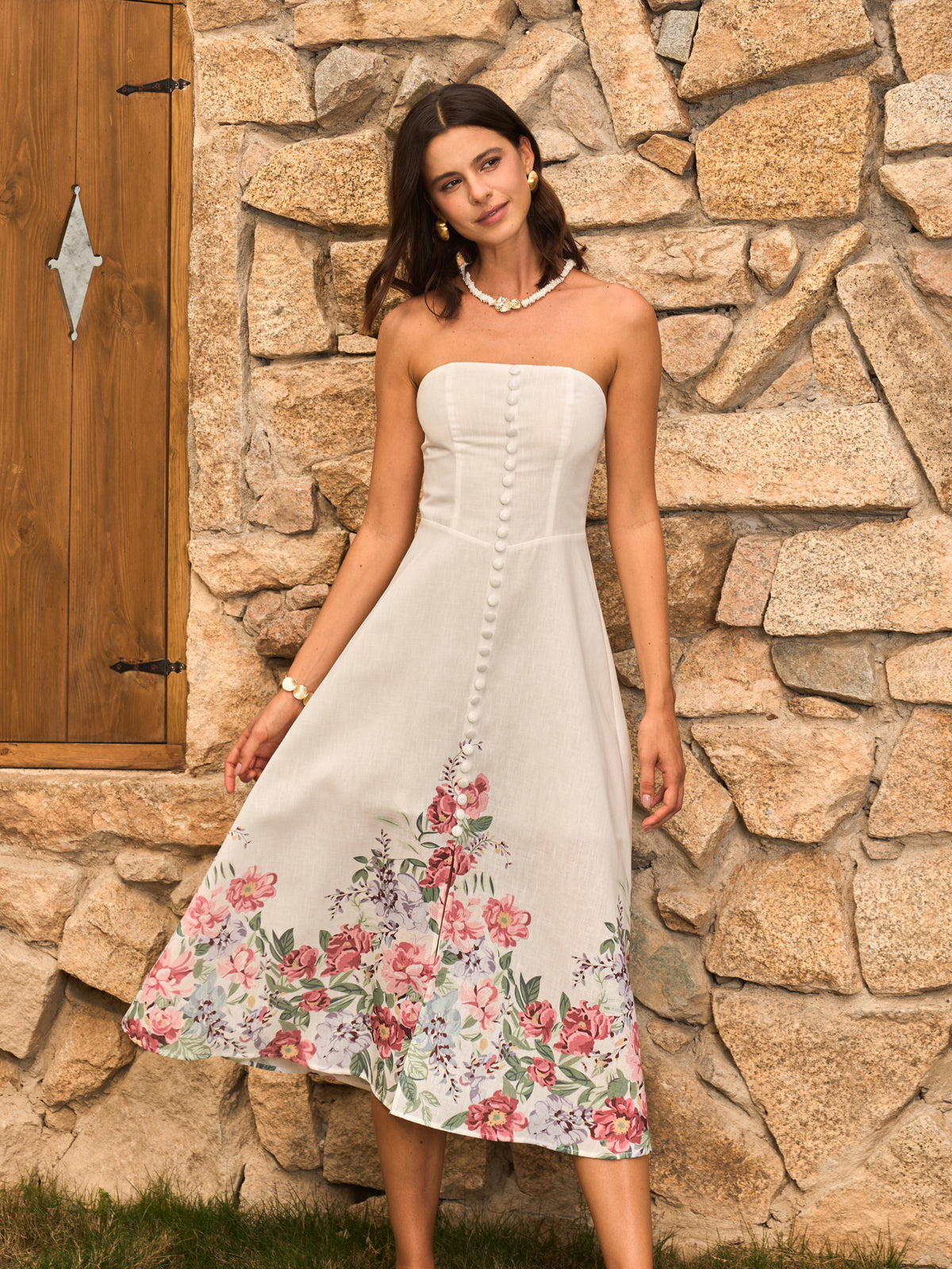 Strapless Floral Print Dress With Decor Buttons-Massicos