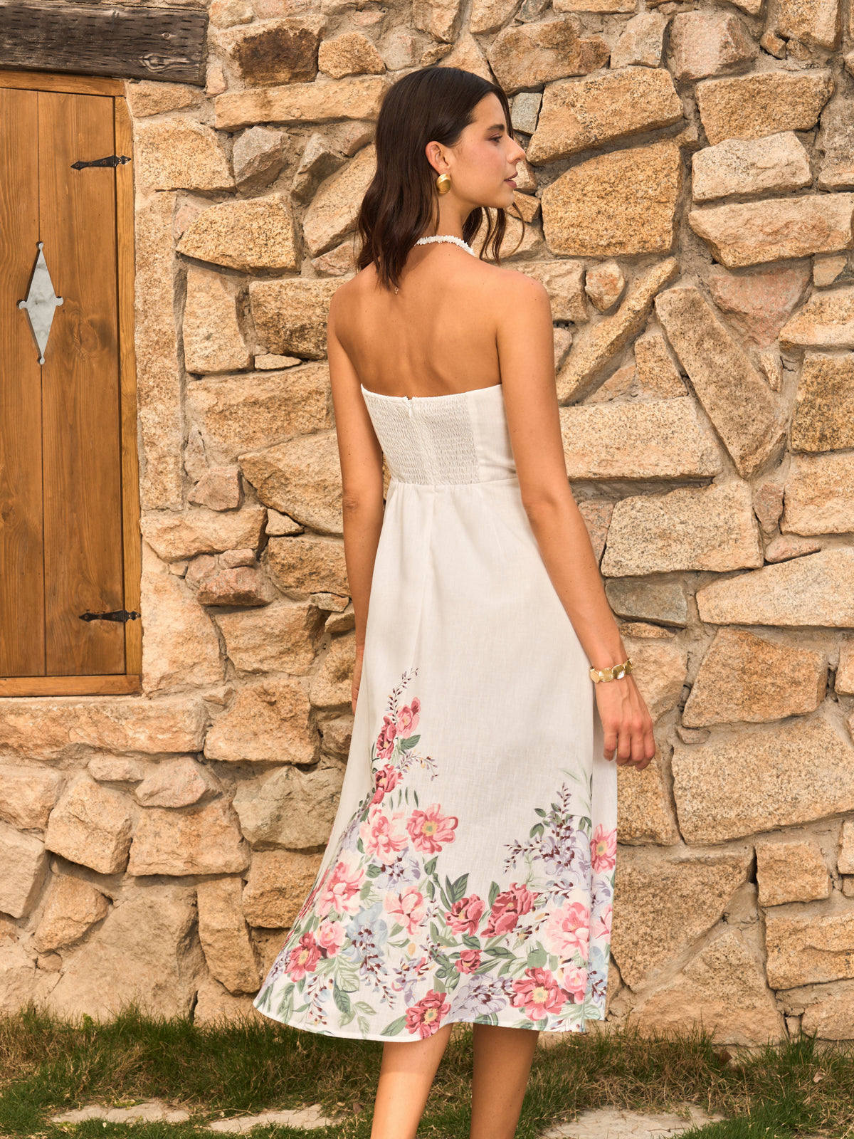 Strapless Floral Print Dress With Decor Buttons-Massicos