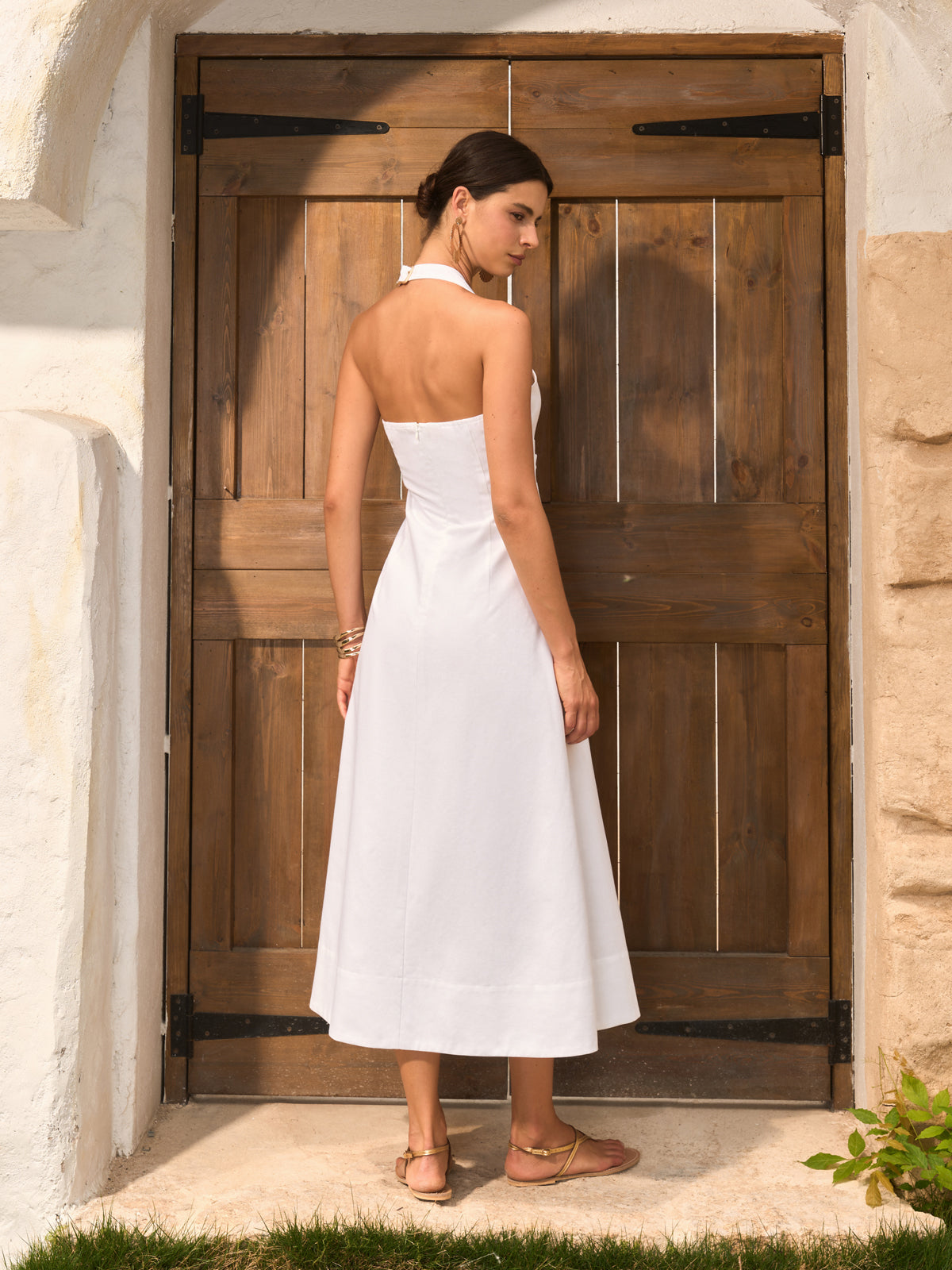 Cotton & Linen Cutout Halter Dress-Massicos