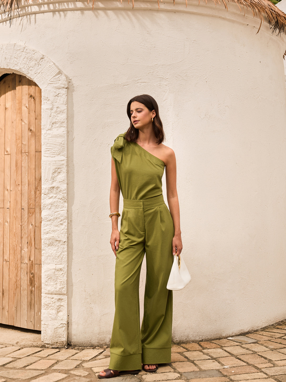 Cotton & Linen One-Shoulder Top With Pants Set-Massicos