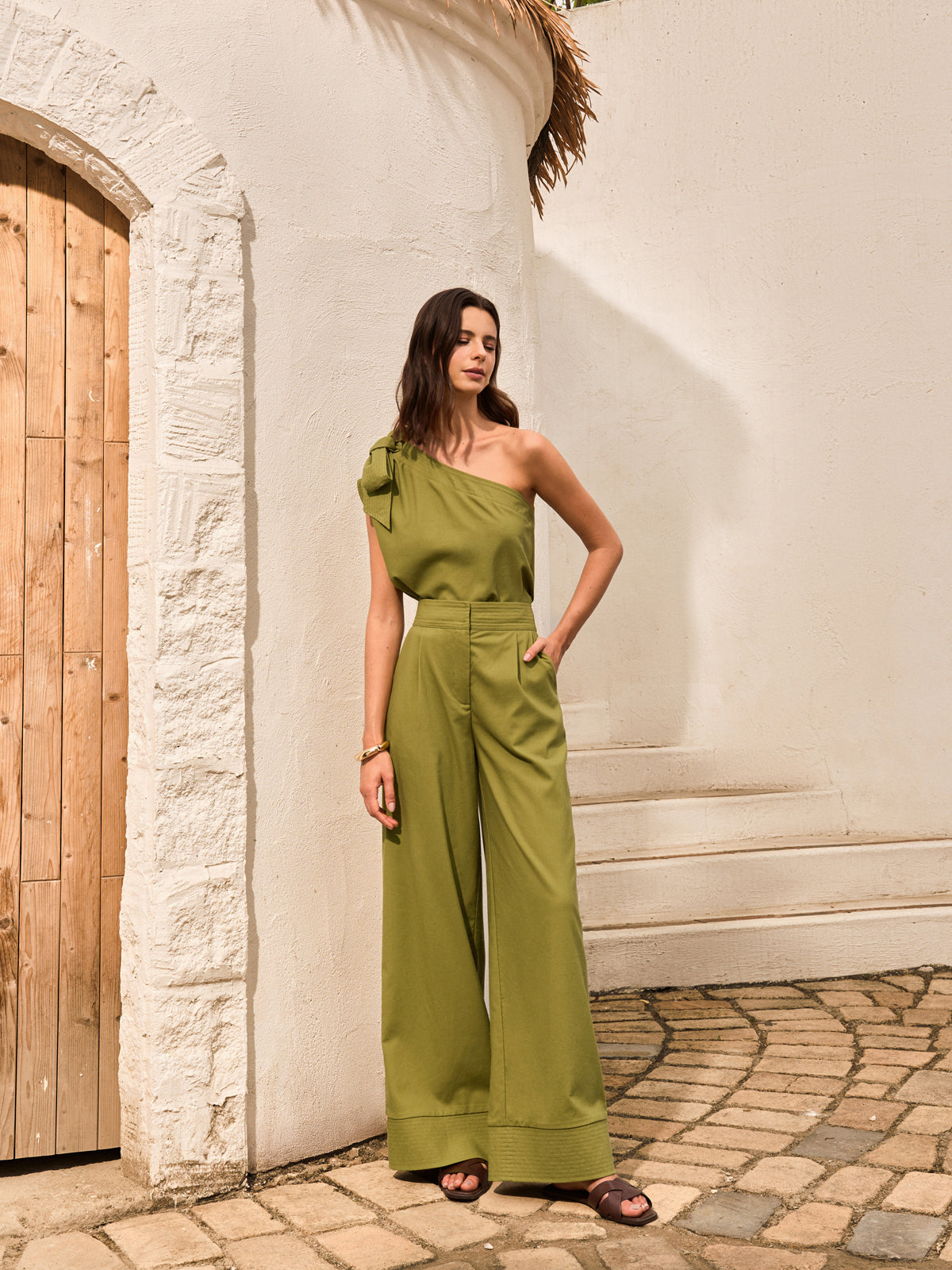 Cotton & Linen One-Shoulder Top With Pants Set-Massicos
