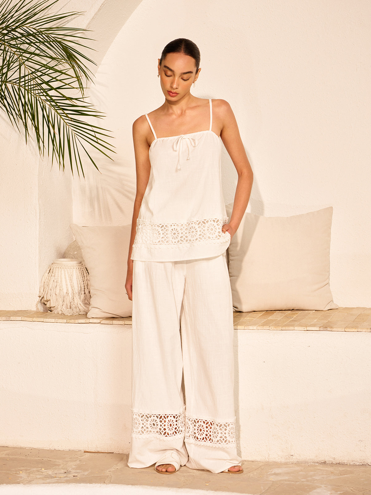 Cotton Pants Set With Lace Panels-Massicos