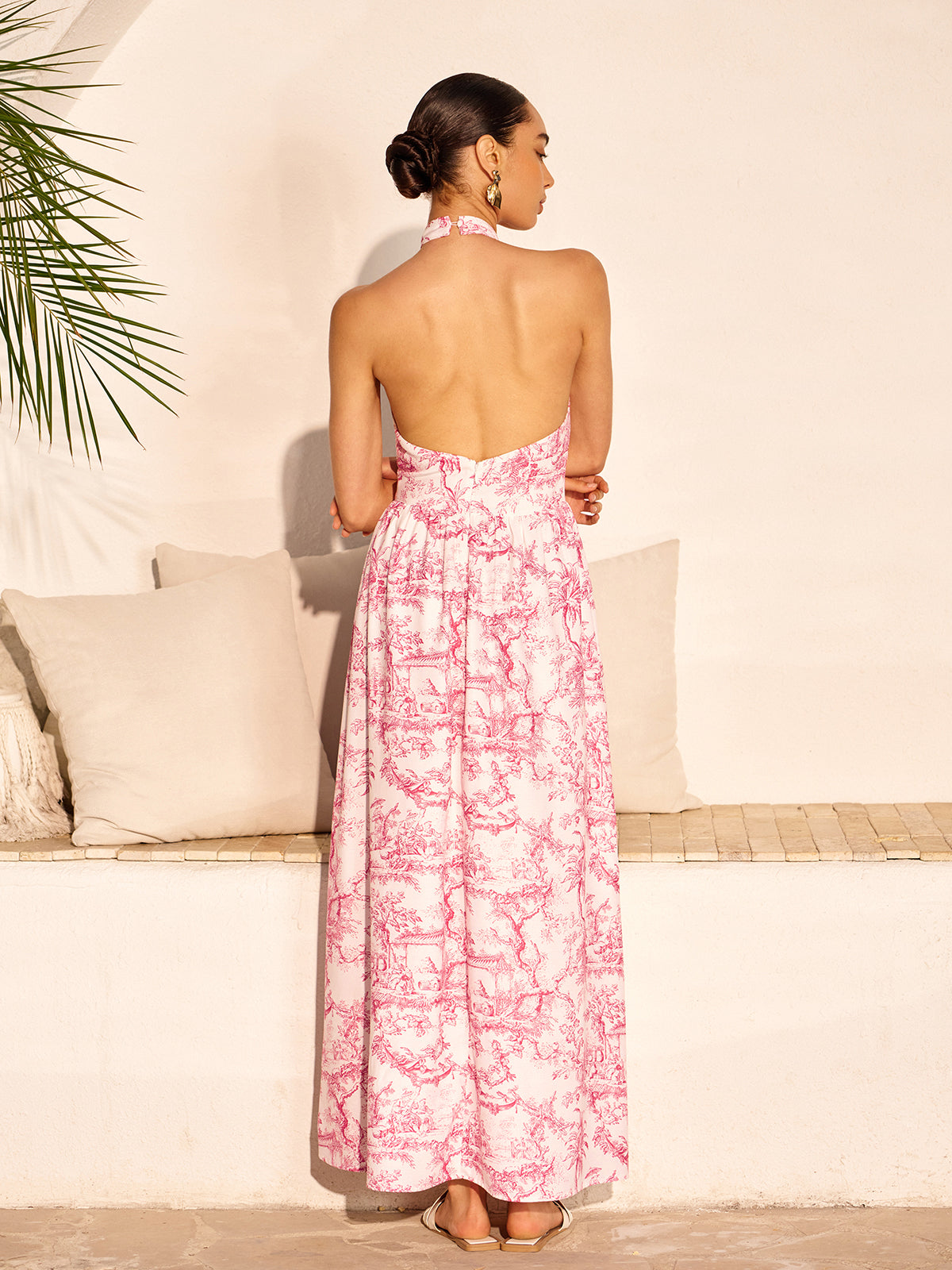 Halter Neck Printed Backless Dress With Pockets-Massicos