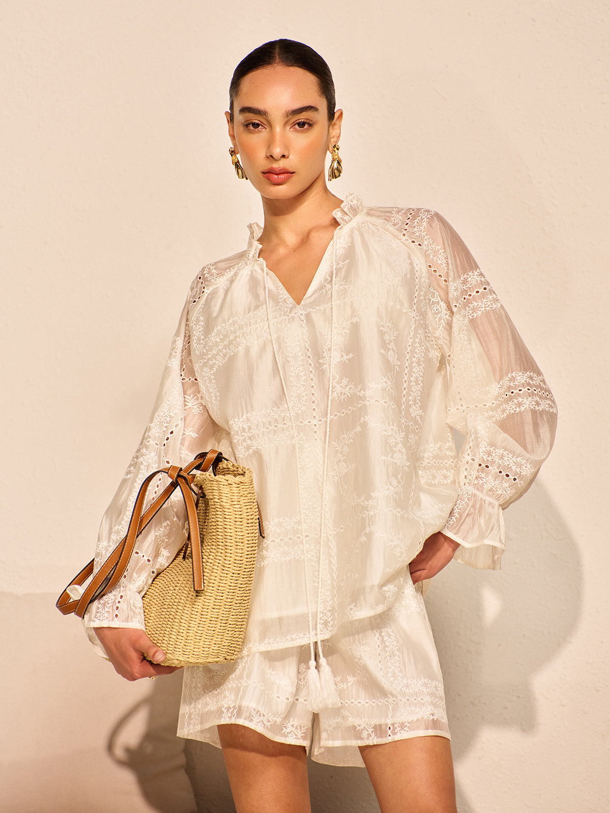 Embroidery Detail Long Sleeve Shorts Set-Massicos