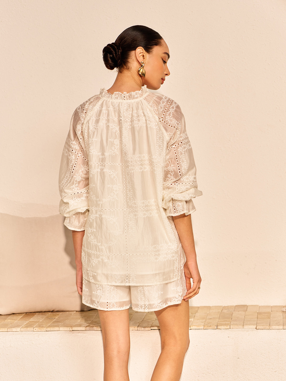 Embroidery Detail Long Sleeve Shorts Set-Massicos
