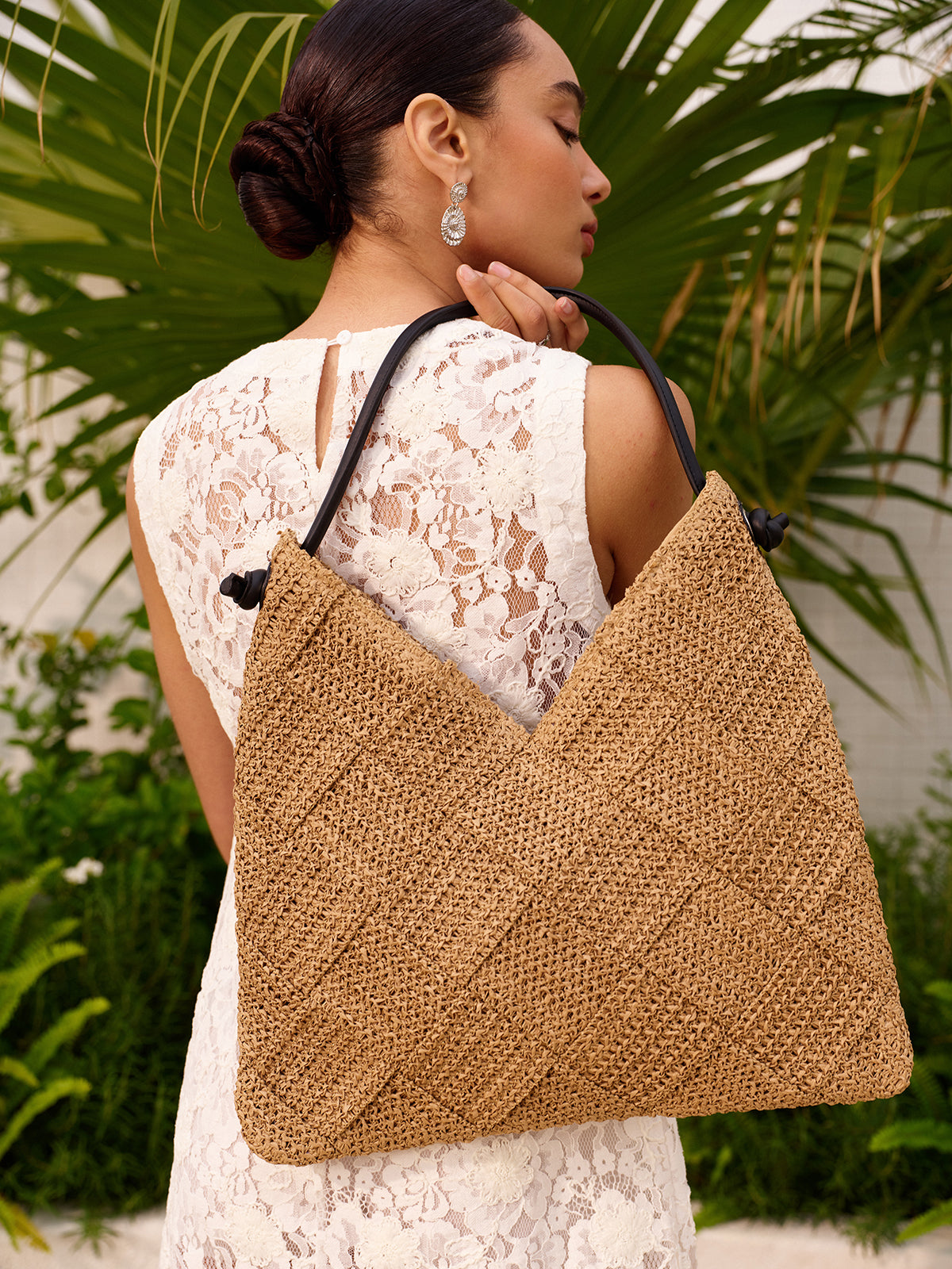Woven Tote With Faux Leather Handle-Massicos