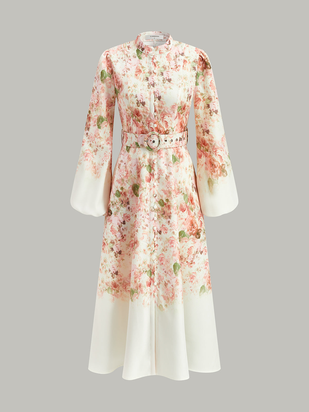 Belted Balloon Sleeve Floral Dress-Massicos