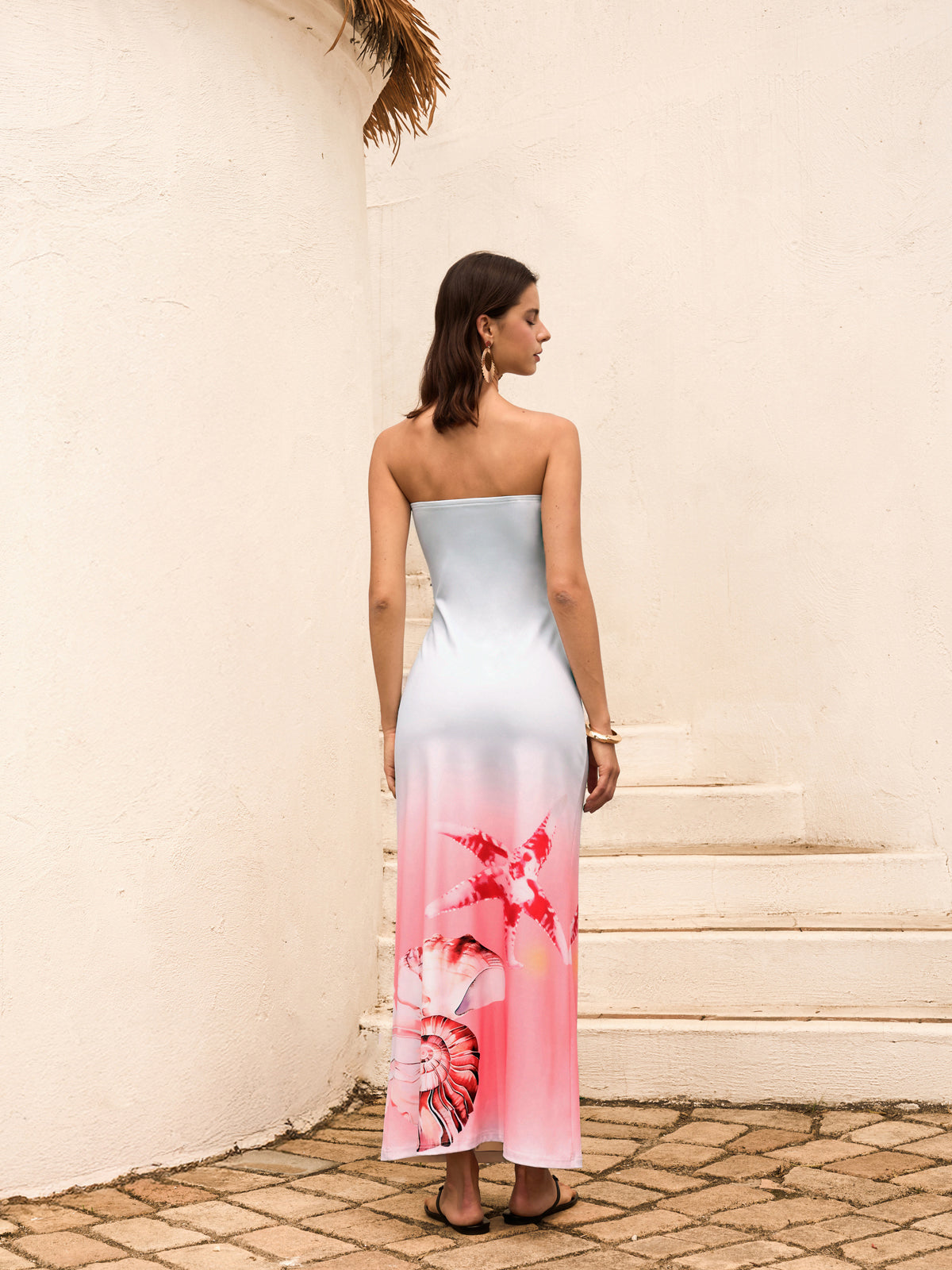 Shell Print Strapless Gradient Dress-Massicos