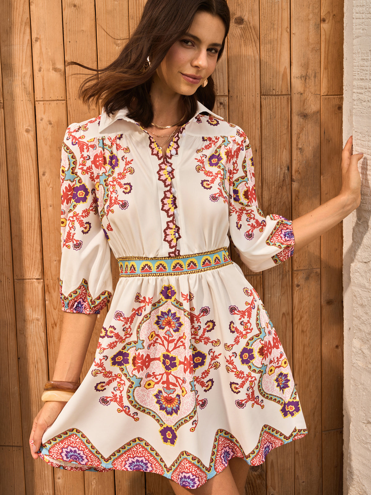 Boho Floral Print Collared Dress-Massicos
