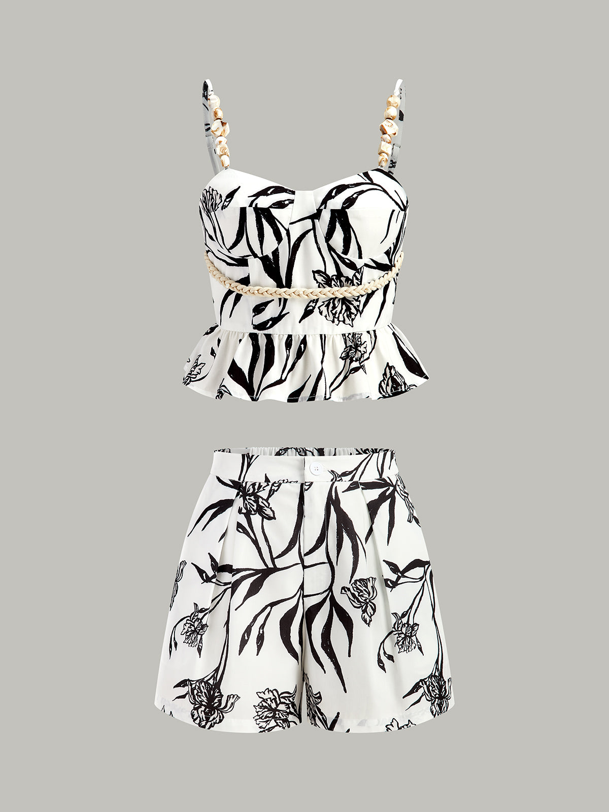 Floral Print Peplum Top With Shorts Set-Massicos