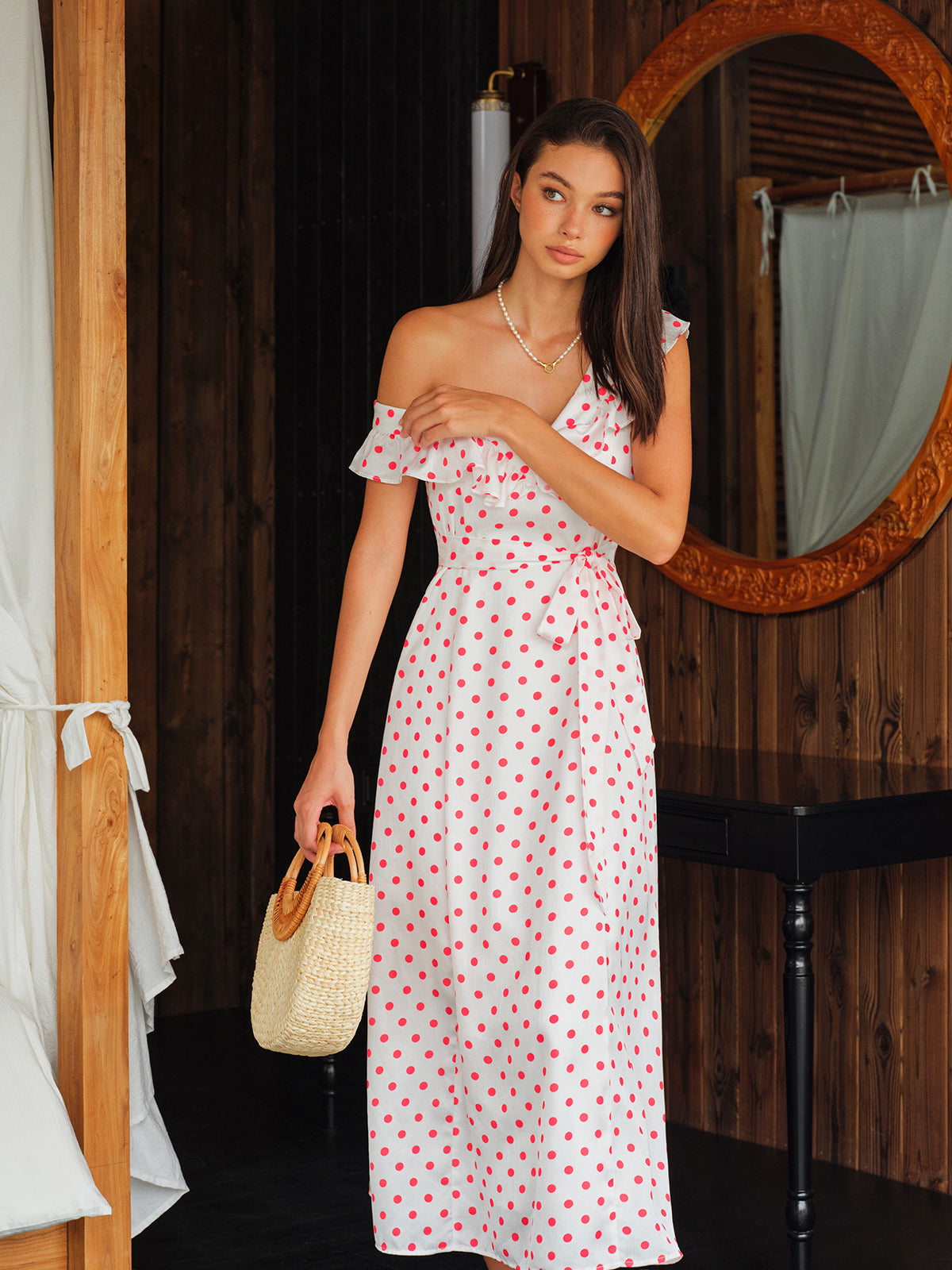 Semi-Sheer Polka Dot Ruffle Tie Waist Dress-Massicos