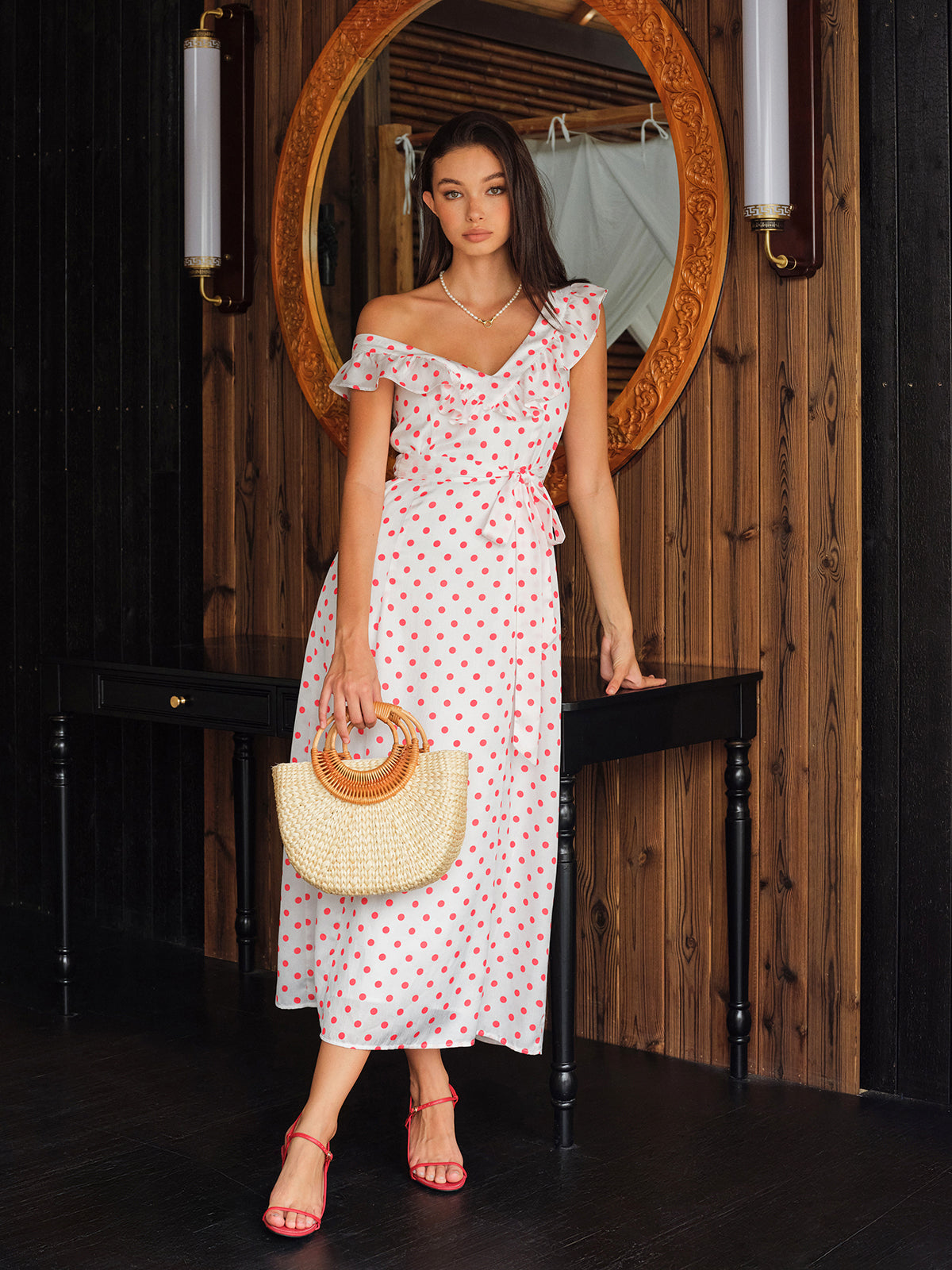 Semi-Sheer Polka Dot Ruffle Tie Waist Dress-Massicos
