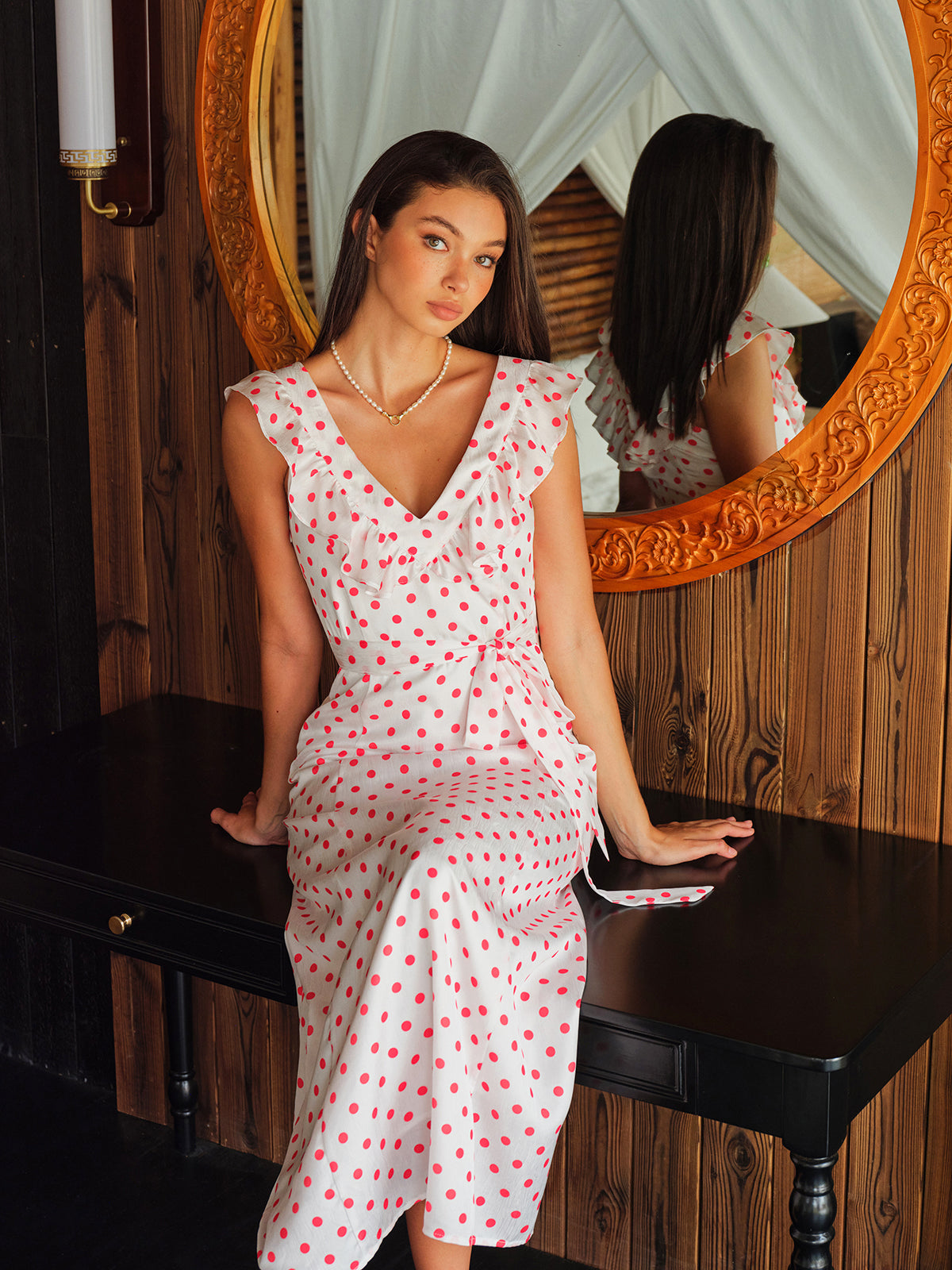 Semi-Sheer Polka Dot Ruffle Tie Waist Dress-Massicos