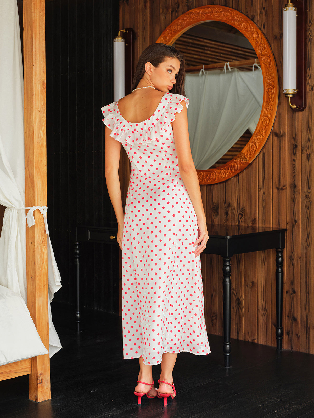 Semi-Sheer Polka Dot Ruffle Tie Waist Dress-Massicos