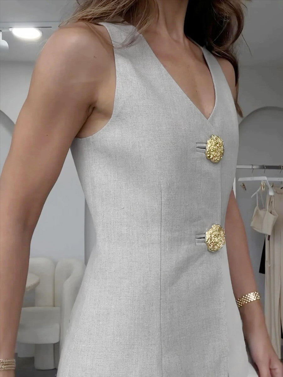 Button Split Sleeveless Pants Set-Massicos