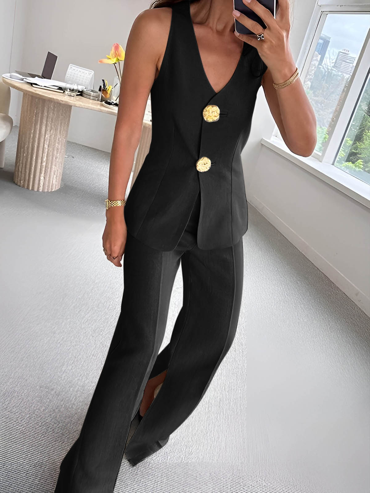 Button Split Sleeveless Pants Set-Massicos
