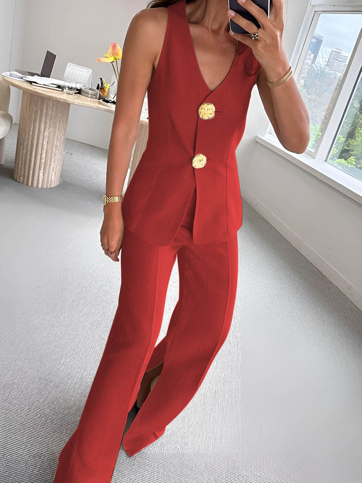 Button Split Sleeveless Pants Set-Massicos