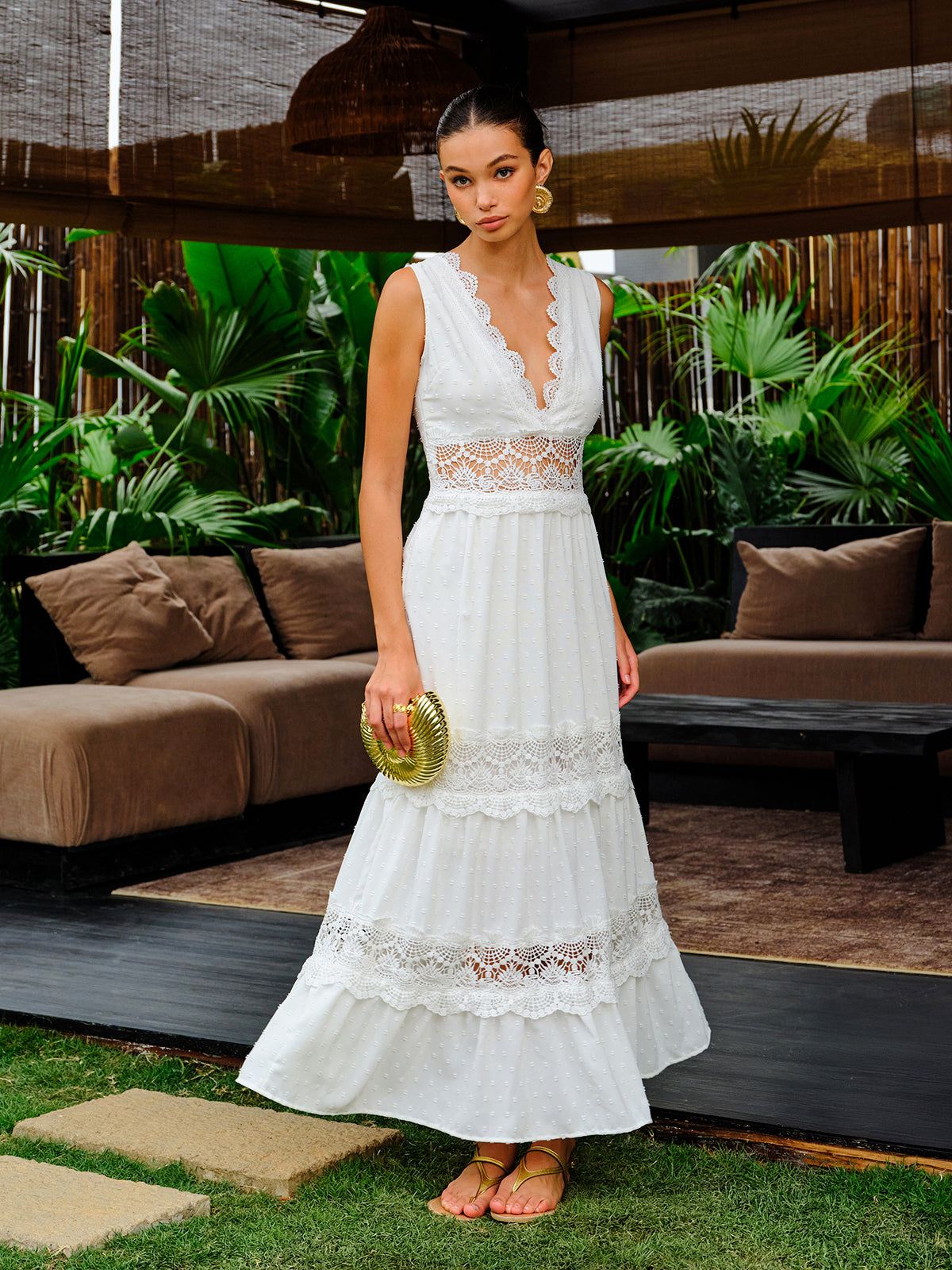 Semi-Sheer Lace Trim V-Neck Dress-Massicos