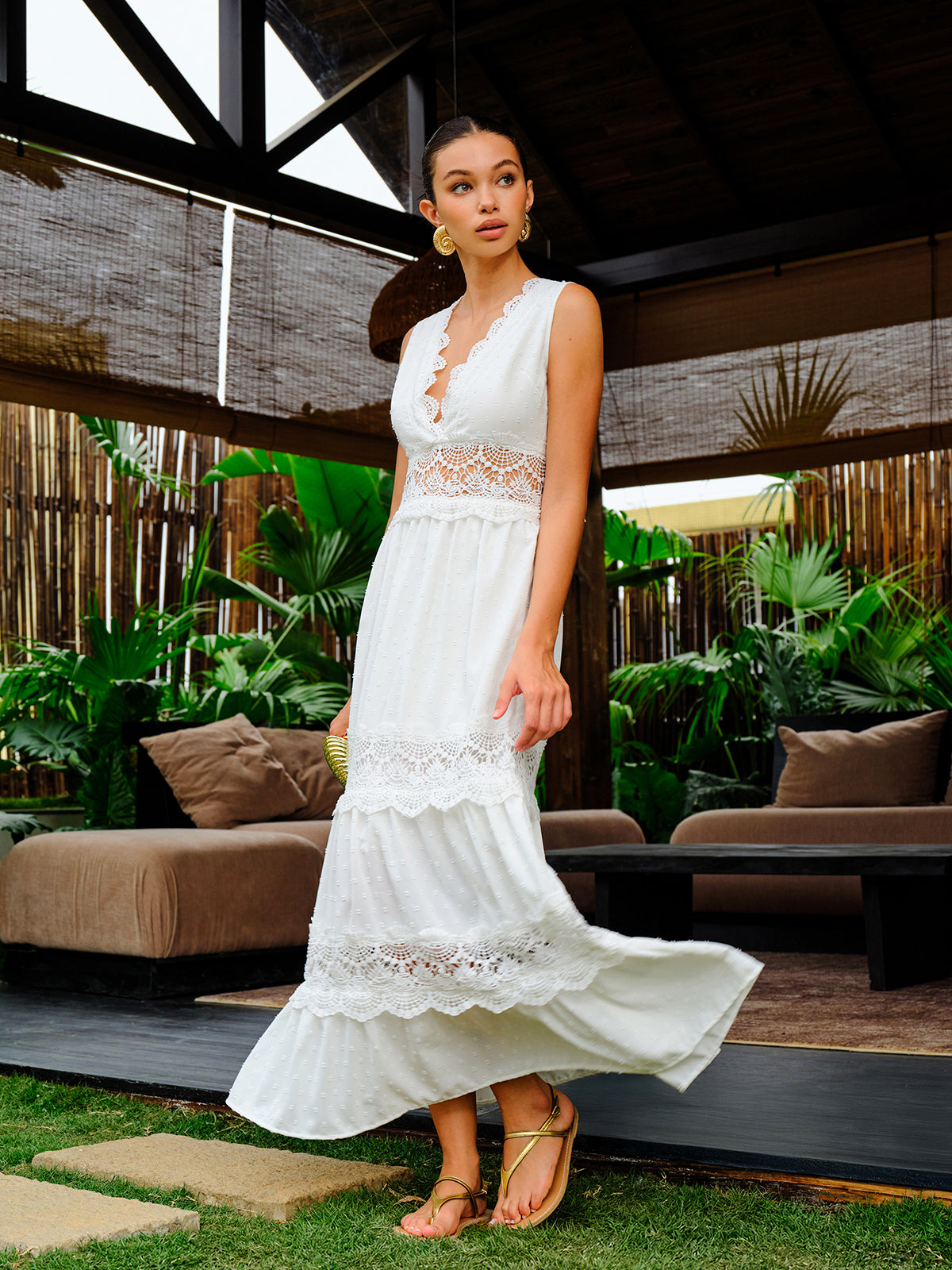 Semi-Sheer Lace Trim V-Neck Dress-Massicos