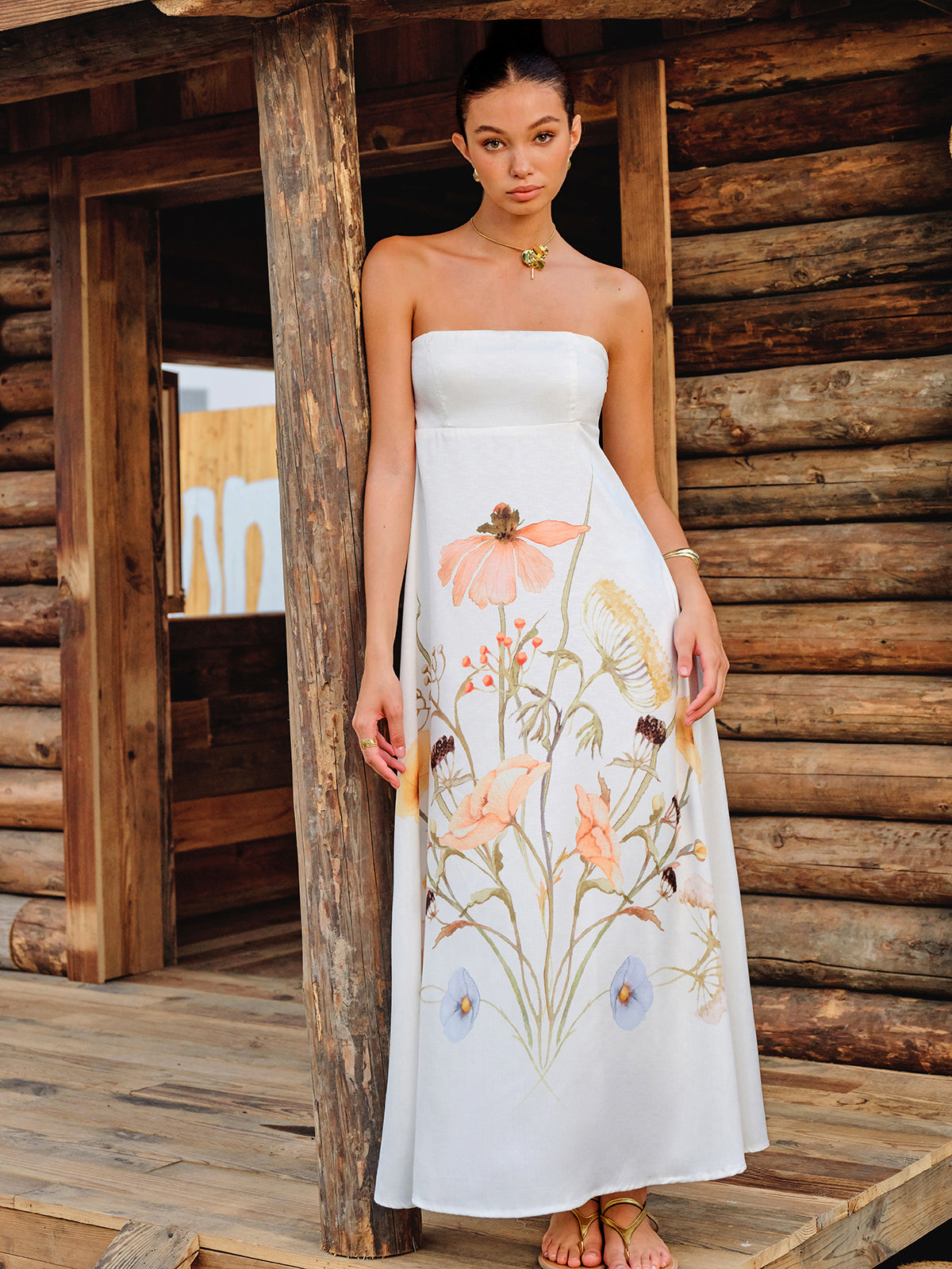 Strapless Floral Print Dress-Massicos