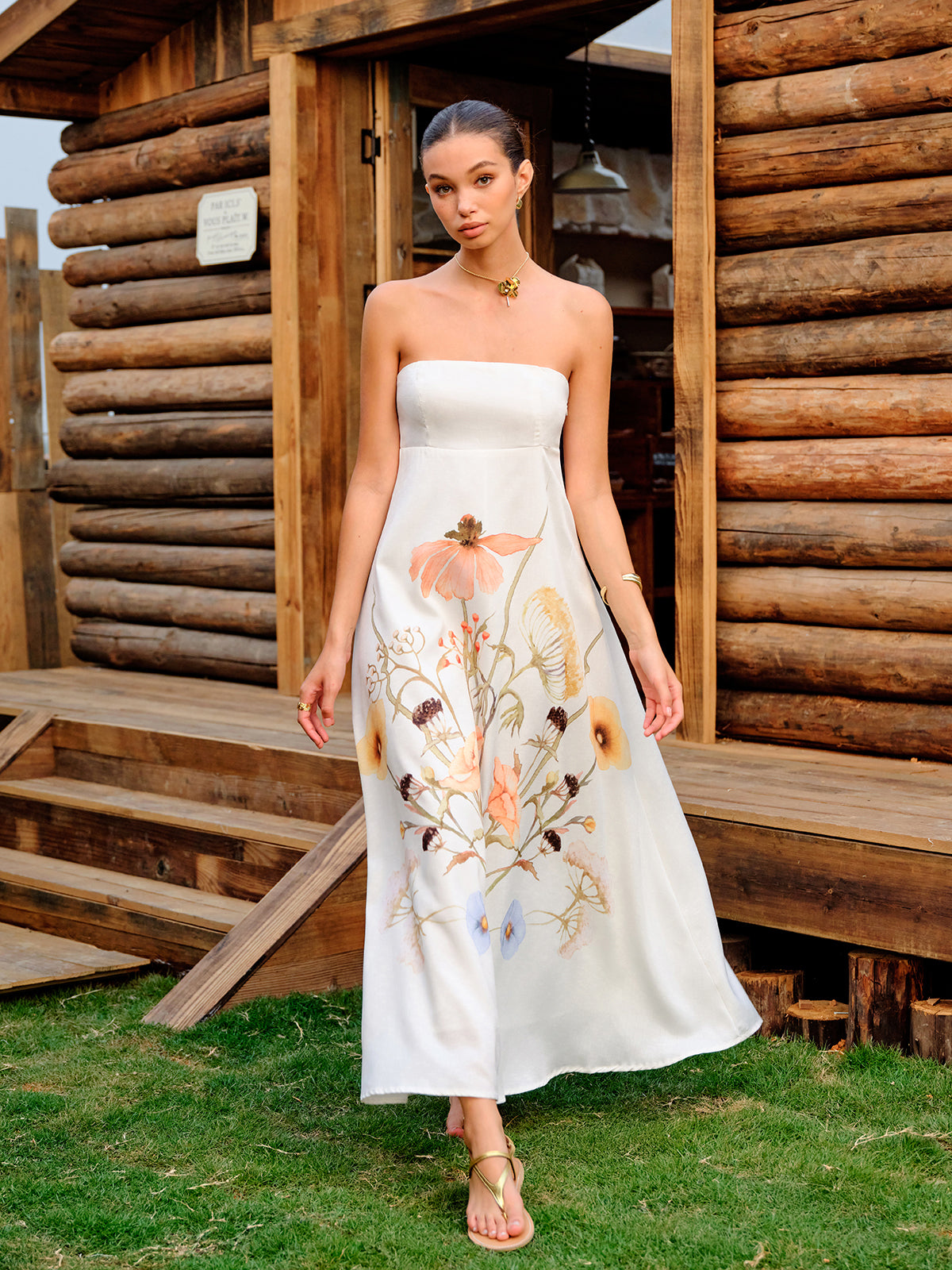 Strapless Floral Print Dress-Massicos