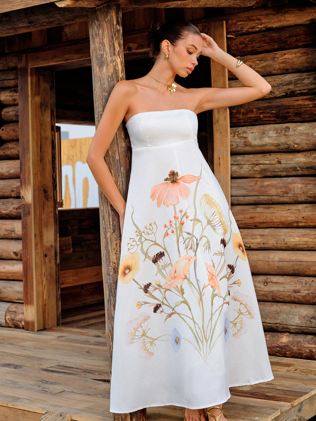 Strapless Floral Print Dress-Massicos
