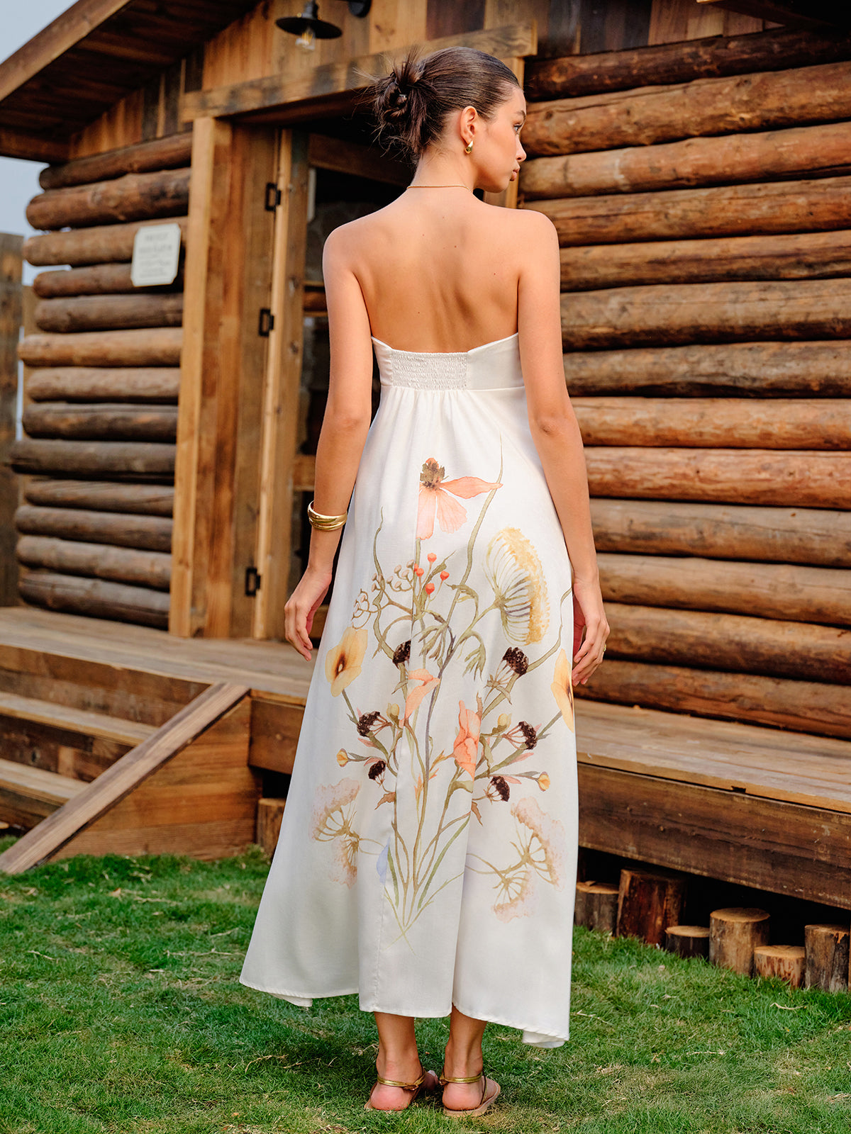 Strapless Floral Print Dress-Massicos