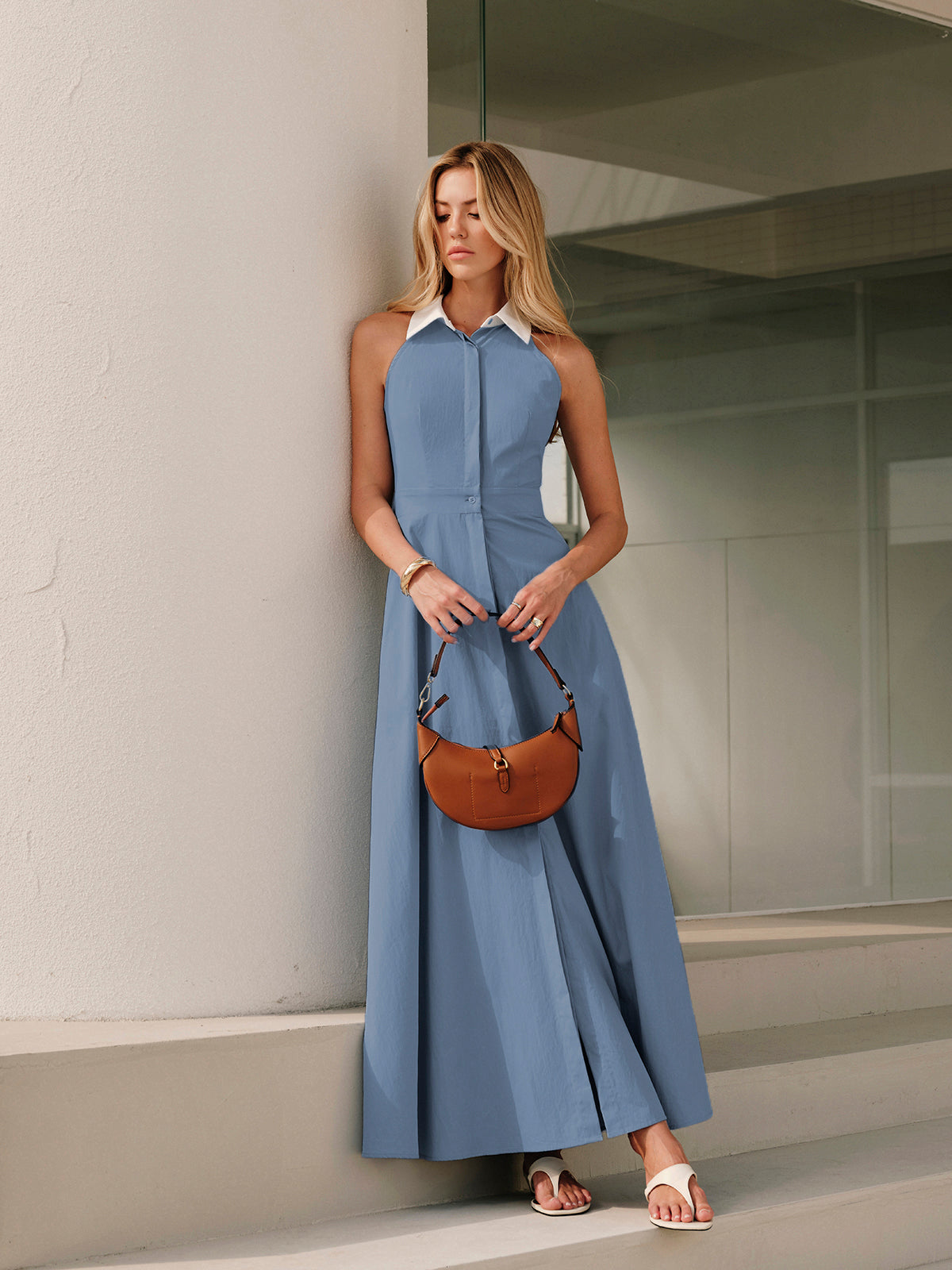 Button Sleeveless Collar Dress-Massicos