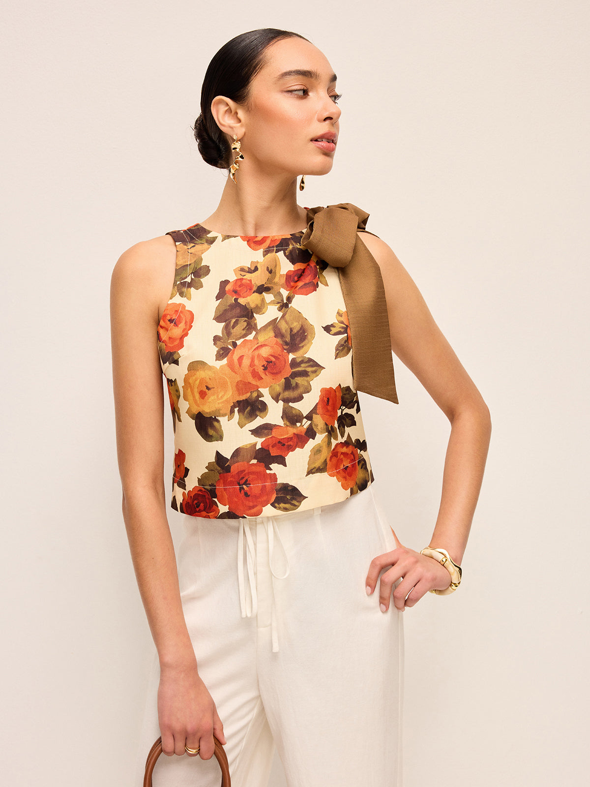 Floral Print Bow Detail Tank Top-Massicos
