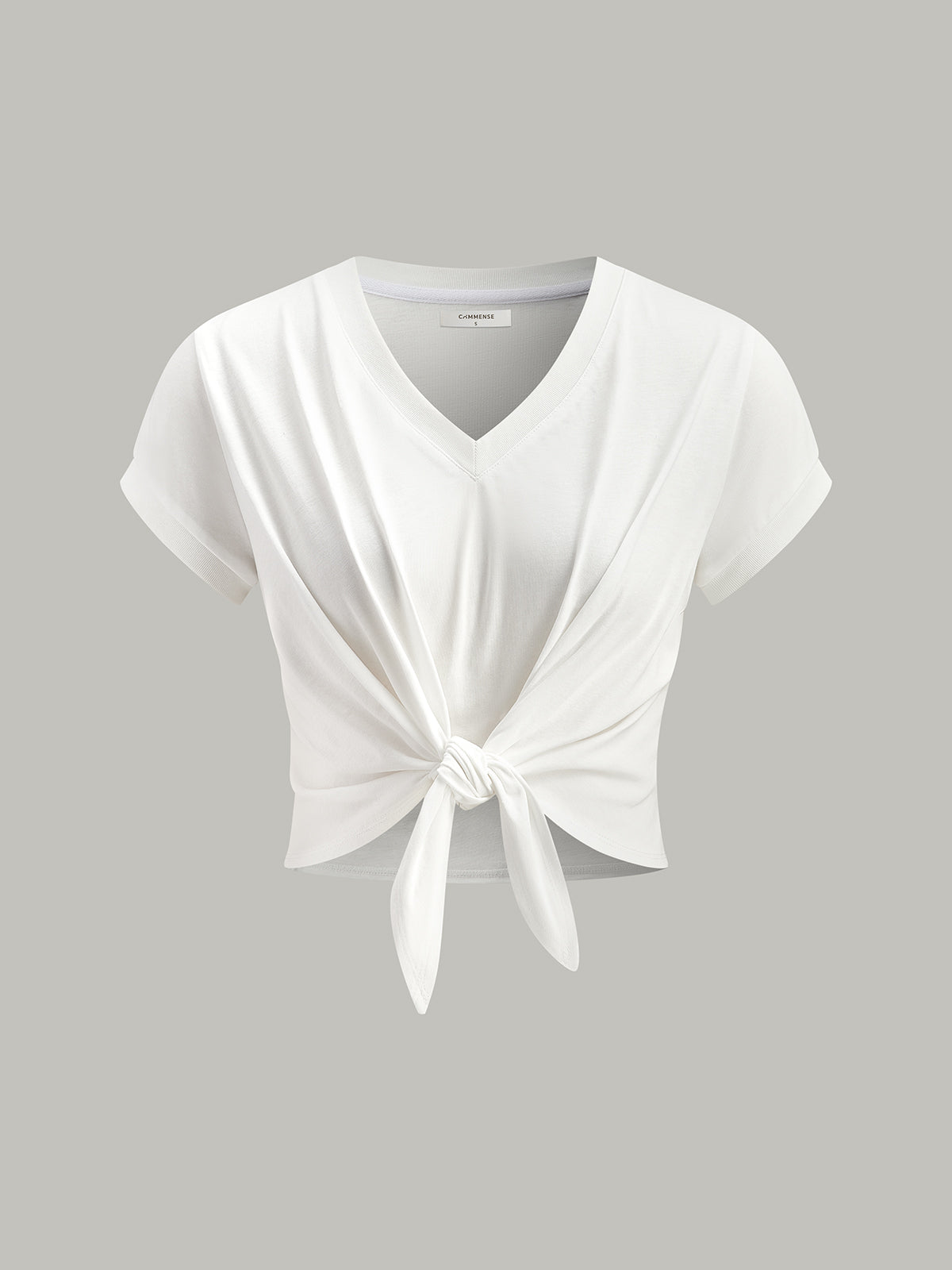Knot Front V-Neck T-Shirt-Massicos