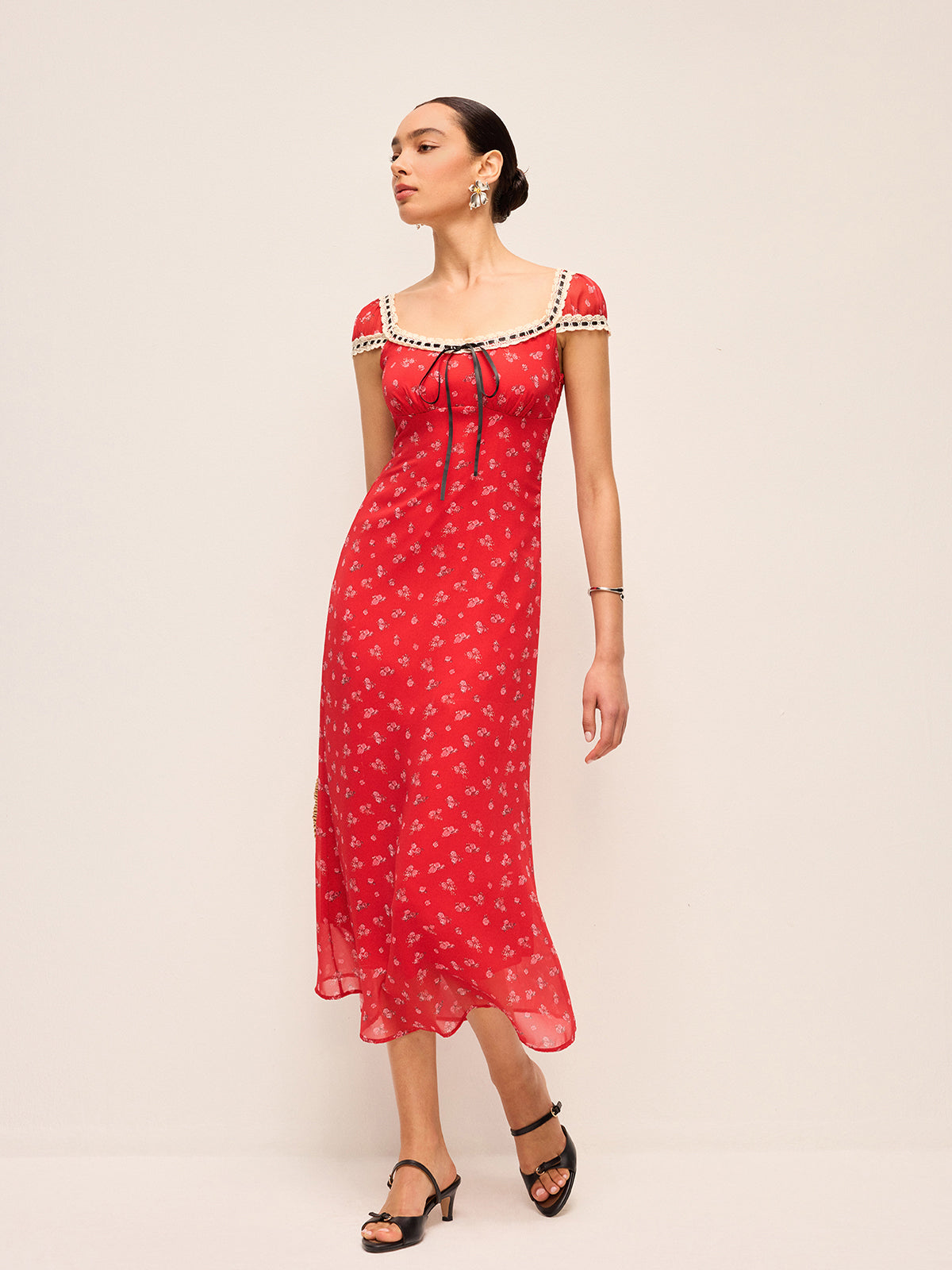 Floral Print Midi Dress with Lace Trim-Massicos