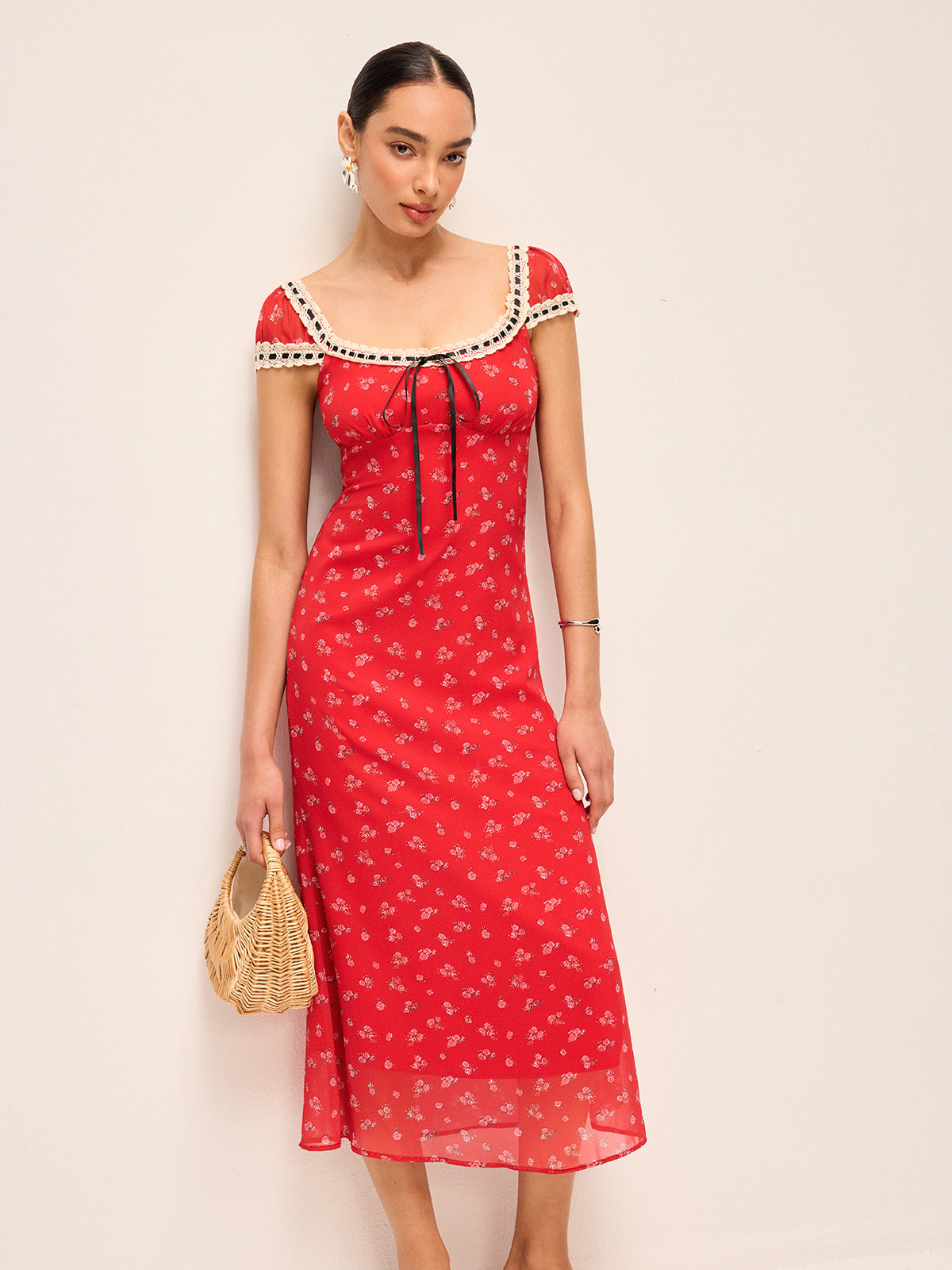 Floral Print Midi Dress with Lace Trim-Massicos