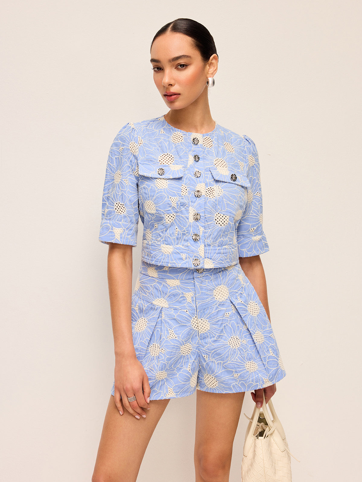 Floral Embroidered Button-Front Cropped Top-Massicos