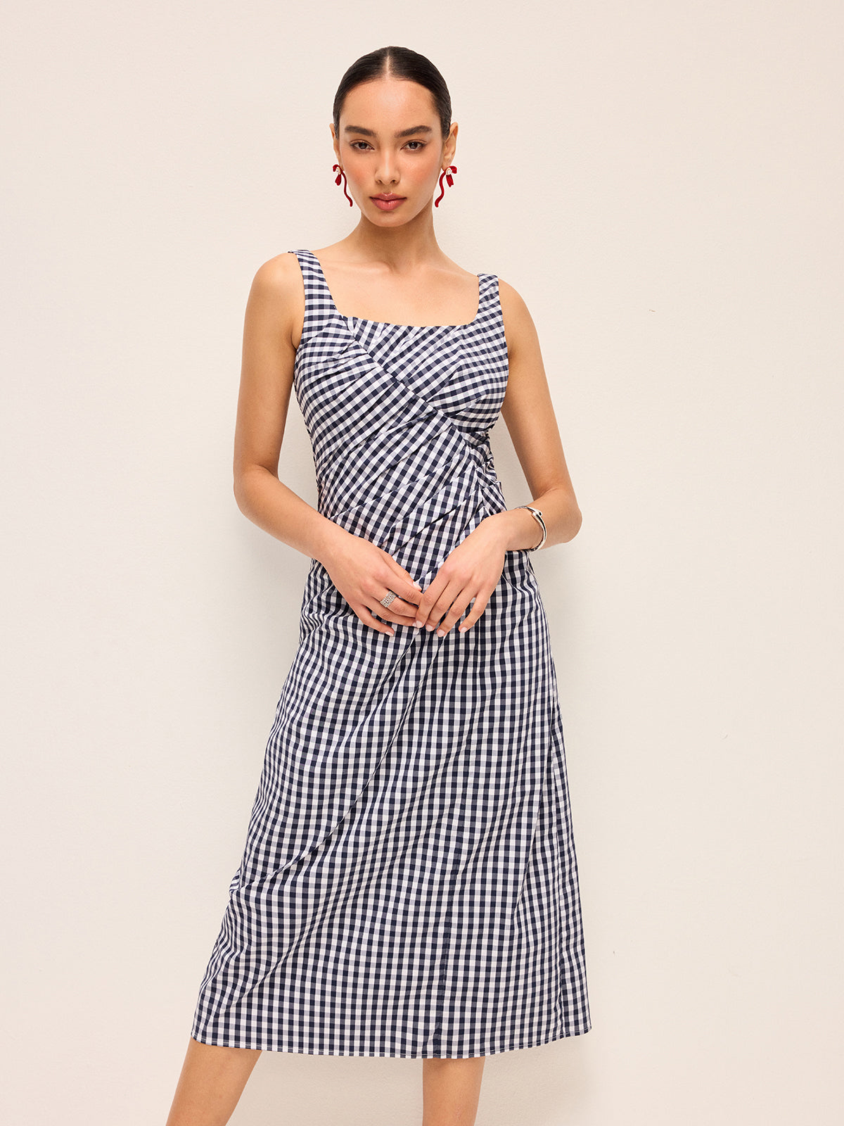 Sleeveless Gingham Dress With Asymmetric Pleats-Massicos