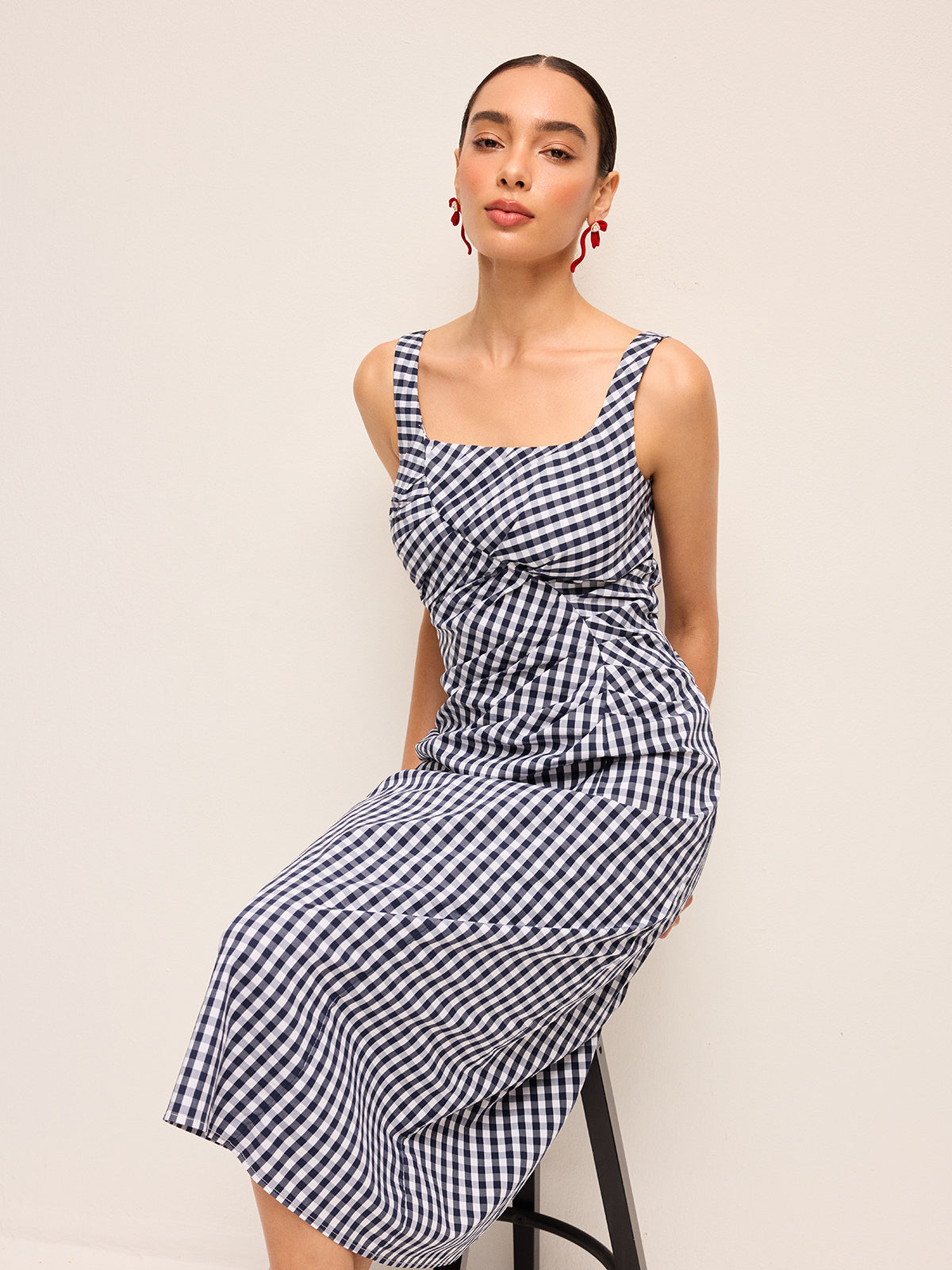 Sleeveless Gingham Dress With Asymmetric Pleats-Massicos